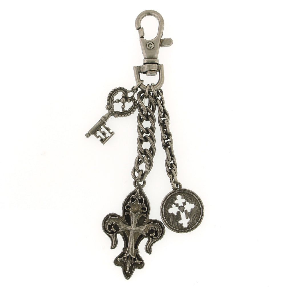 Skeleton Key, Fleur De Lis Cross & Budded Cross Medallion Key Chain