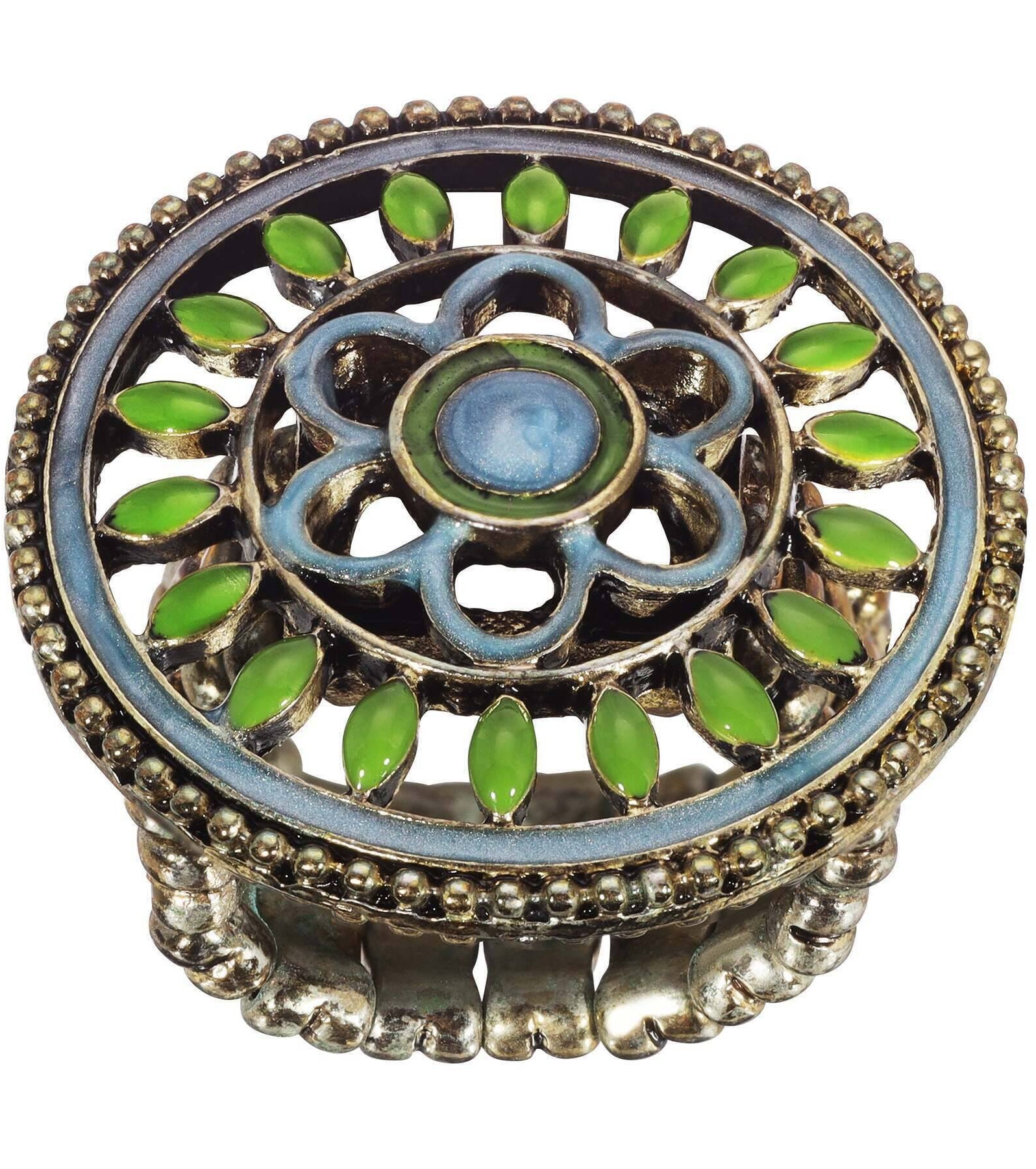 1928 Jewelry Blue And Green Enamel Round Floral Stretch Ring