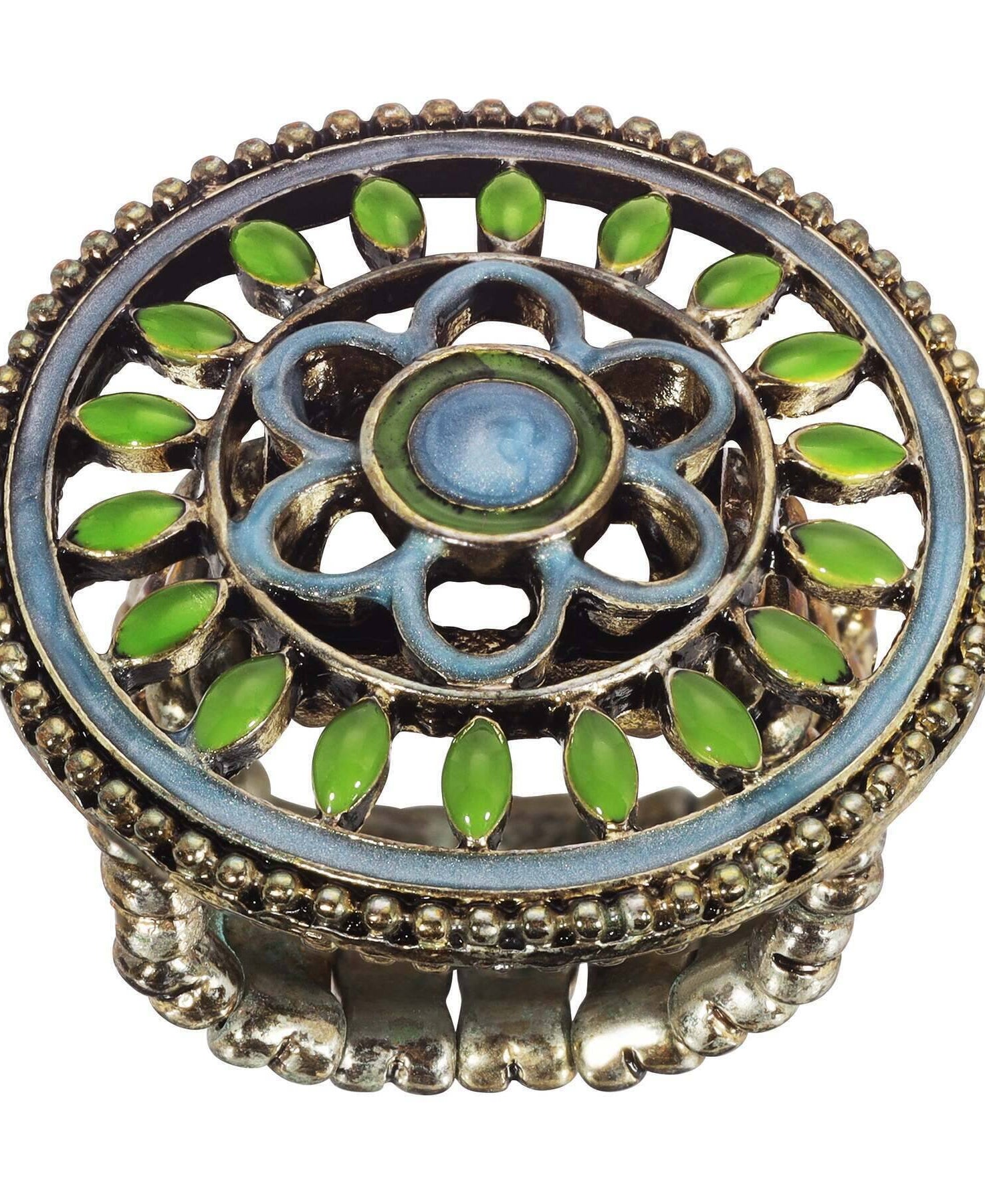 1928 Jewelry Blue And Green Enamel Round Floral Stretch Ring