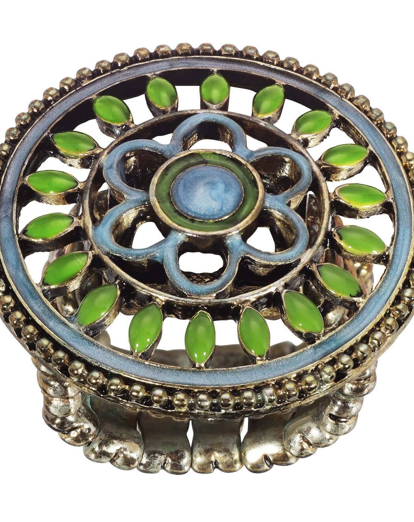 1928 Jewelry Blue And Green Enamel Round Floral Stretch Ring