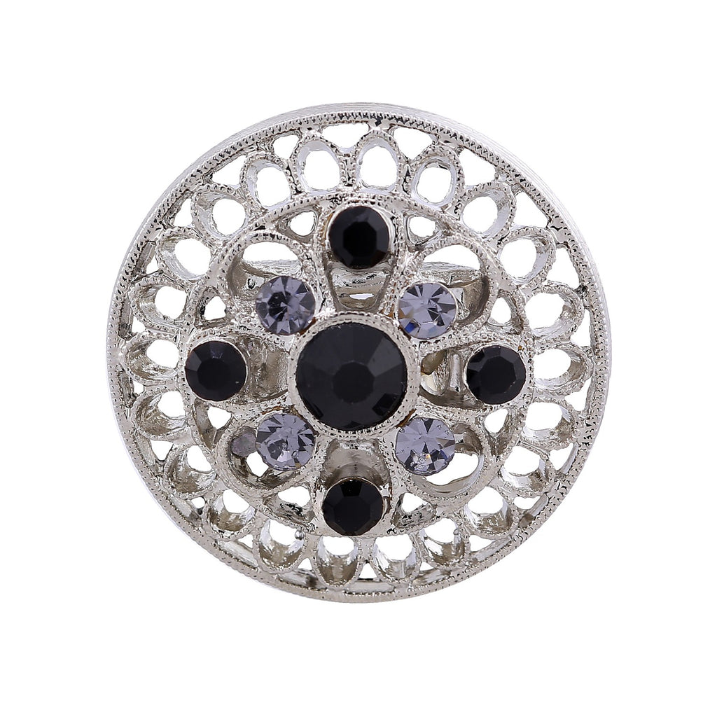 Front Silver Tone Black Diamond Color And Black Crystal Round Stretch Ring