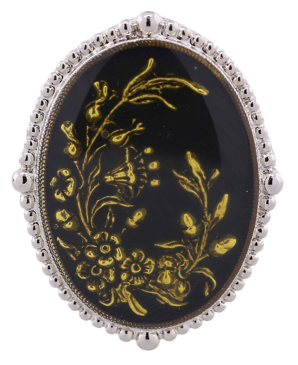 1928 Jewelry Oval Hand Enameled Black And Gold Floral Stretch Ring