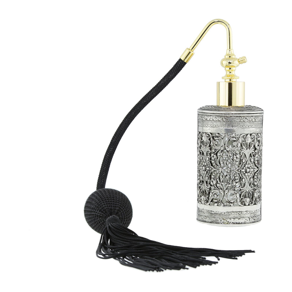 Vintage Antiqued Filigree Pewter Perfume Atomizer Dispenser Bottle