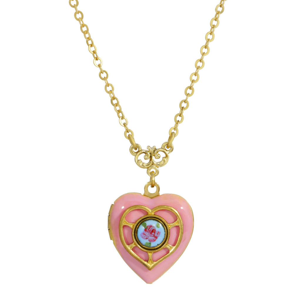 Pink Blue Enameled Heart & Floral Decal Locket Necklace