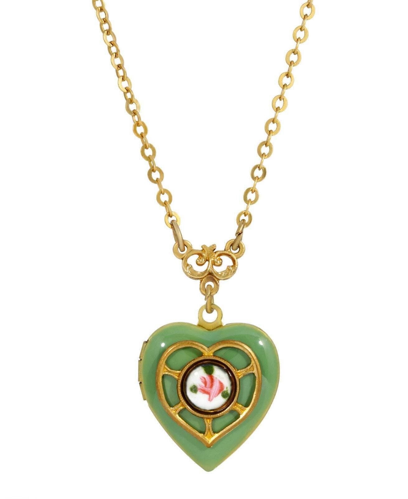 1928 Jewelry Heart Picture Locket Pink Rose Necklace 16" + 3" Extender