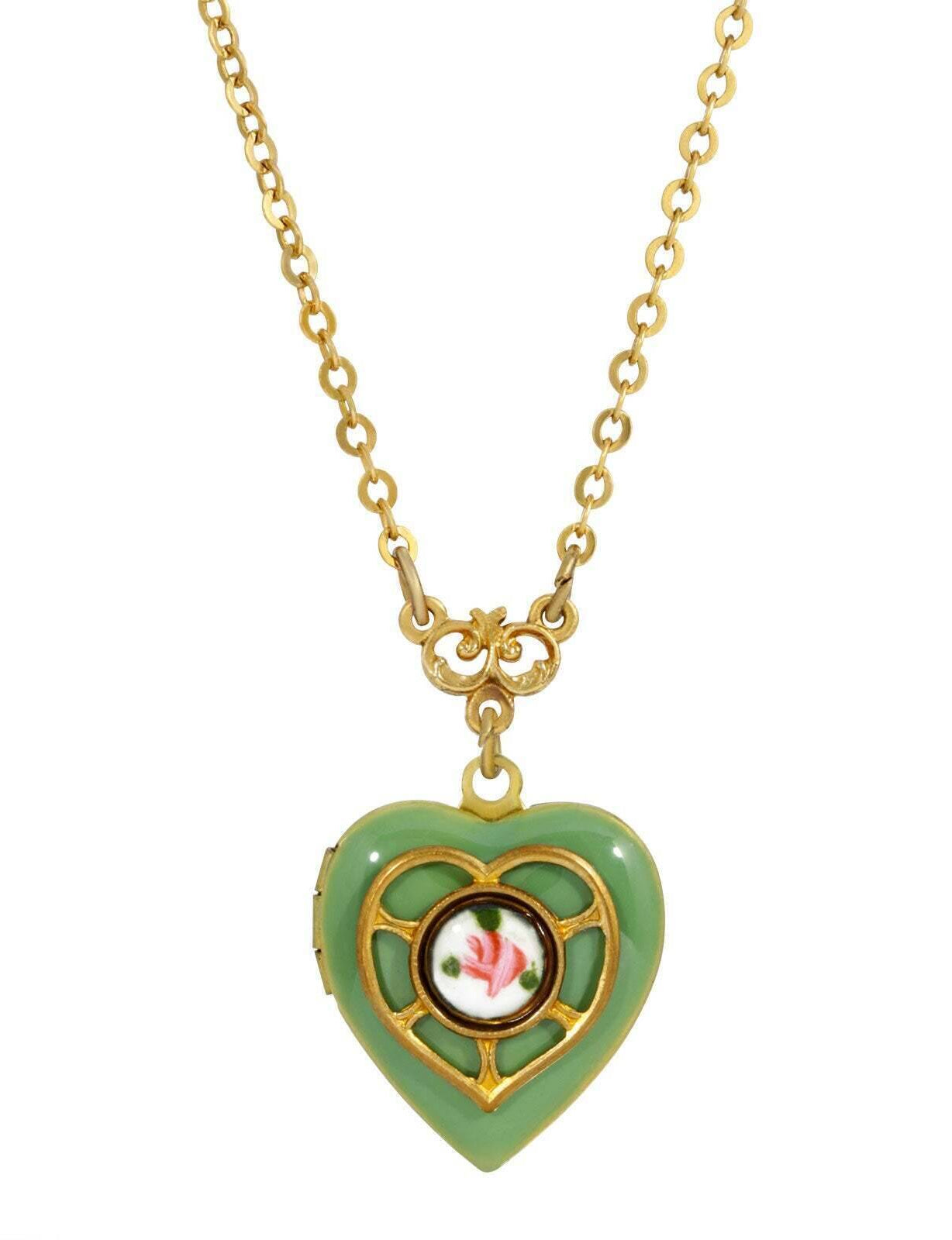 1928 Jewelry Heart Picture Locket Pink Rose Necklace 16" + 3" Extender