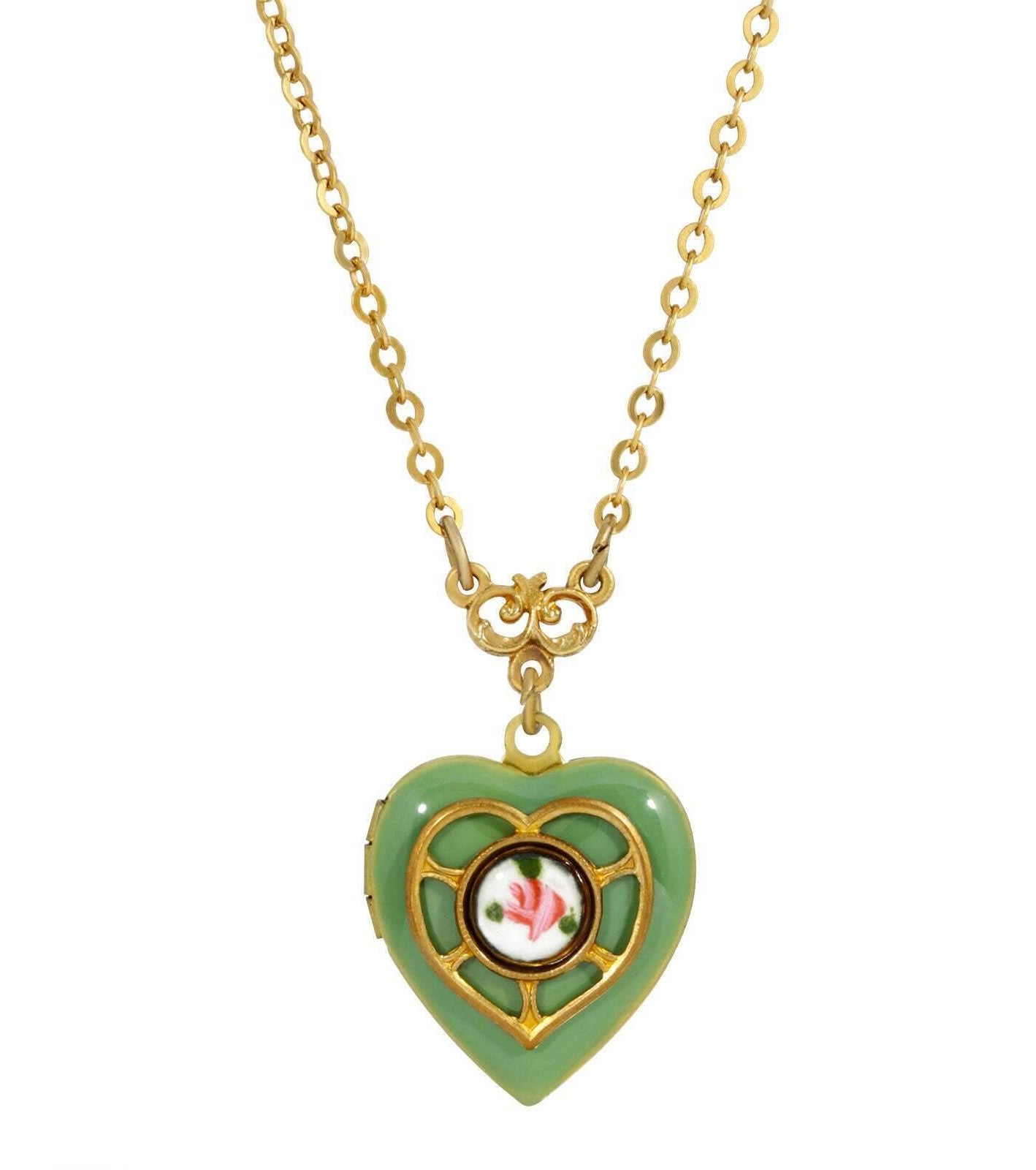 1928 Jewelry Heart Picture Locket Pink Rose Necklace 16" + 3" Extender