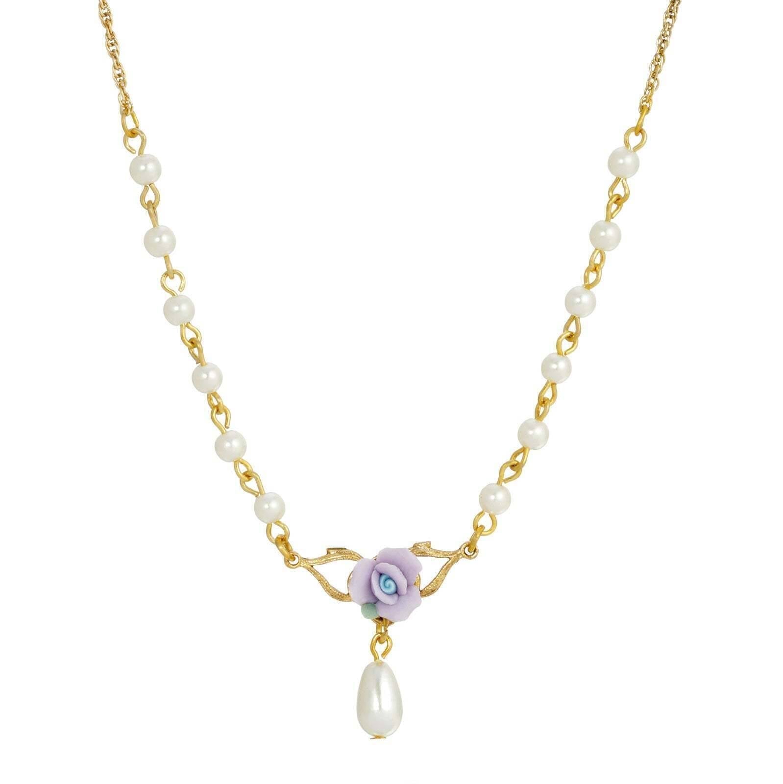 1928 Jewelry Porcelain Rose 4mm Faux Pearl Drop Necklace 16" + 3" Extender