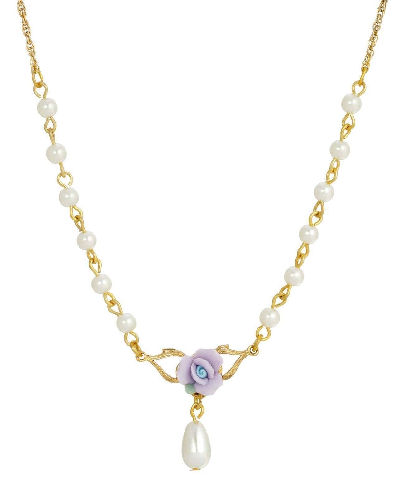 1928 Jewelry Porcelain Rose 4mm Faux Pearl Drop Necklace 16" + 3" Extender