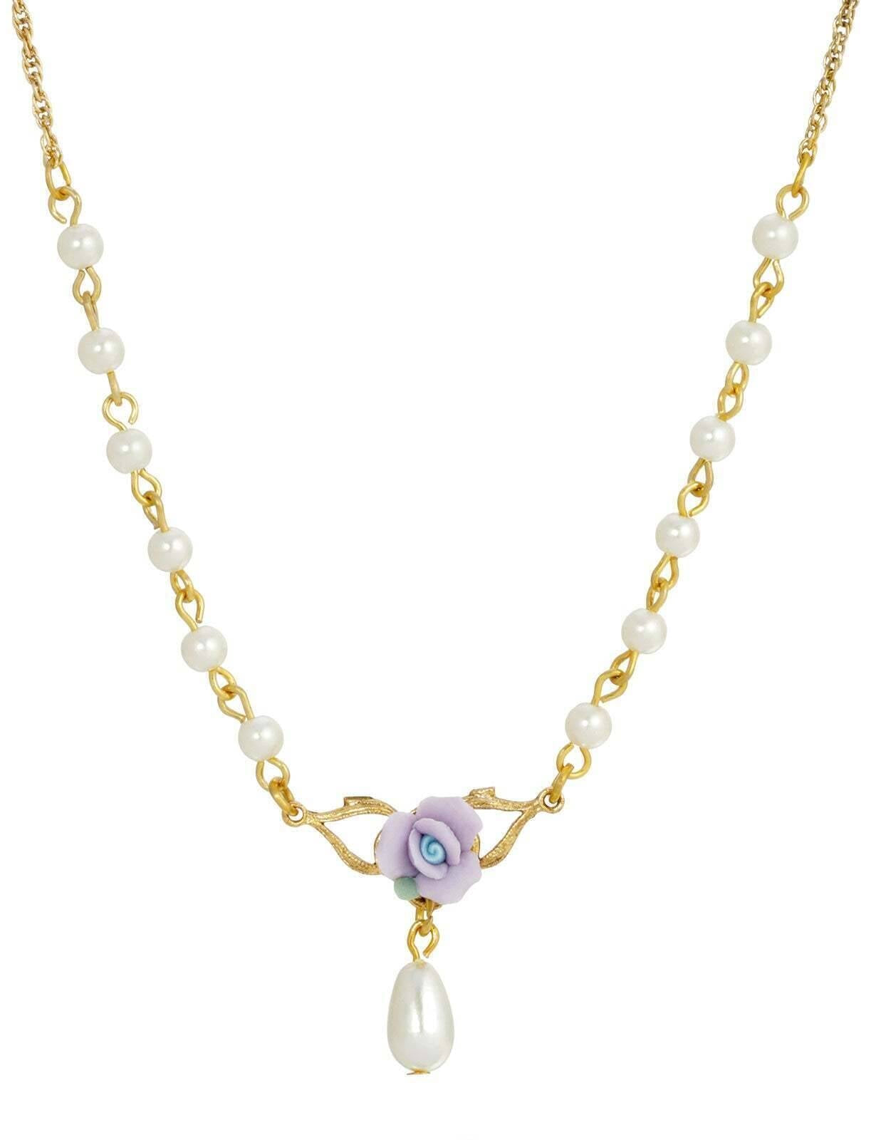 1928 Jewelry Porcelain Rose 4mm Faux Pearl Drop Necklace 16" + 3" Extender