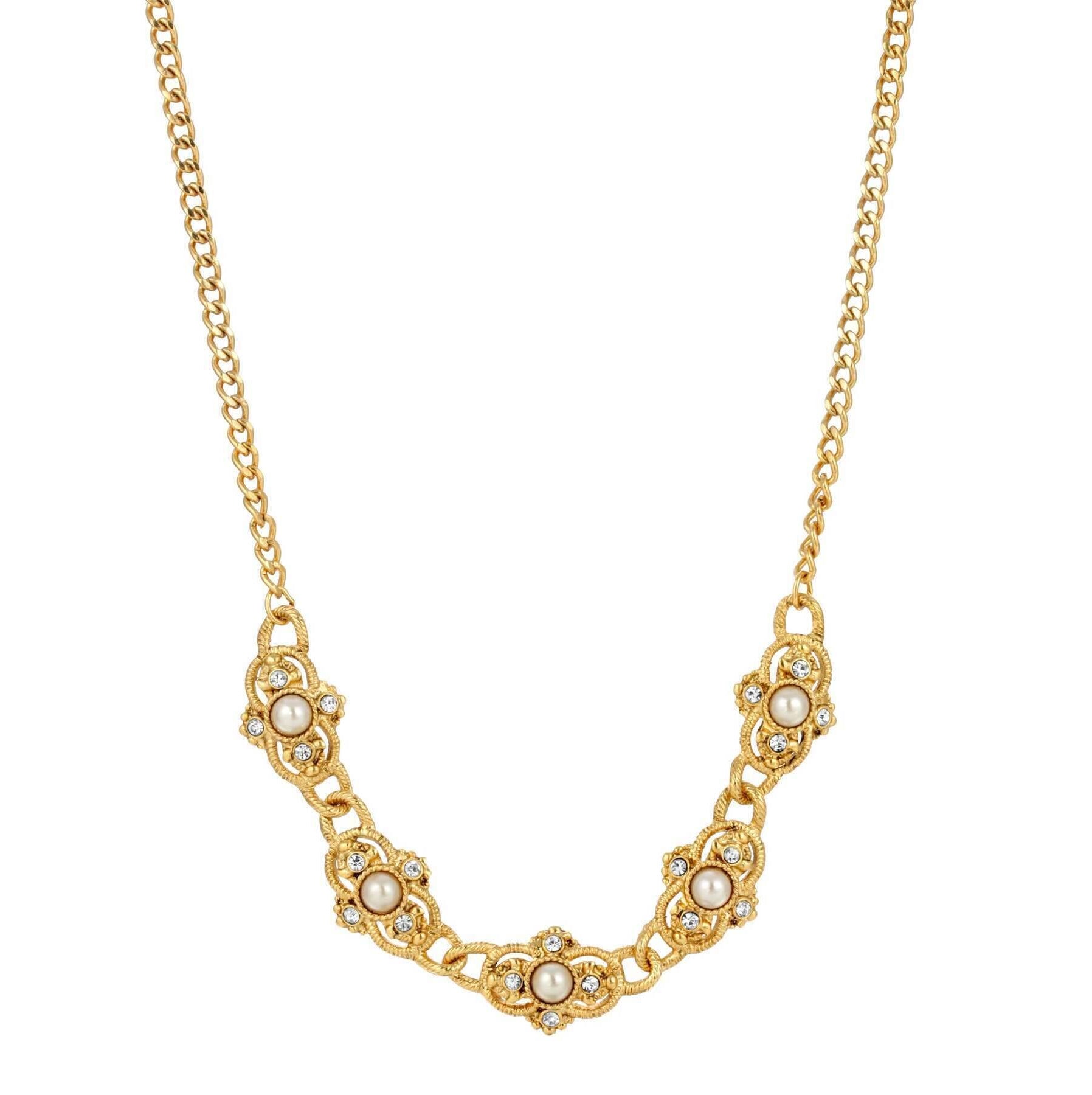 1928 Jewelry Prestige Textured Link Crystal Round Stone Collar Necklace 15"