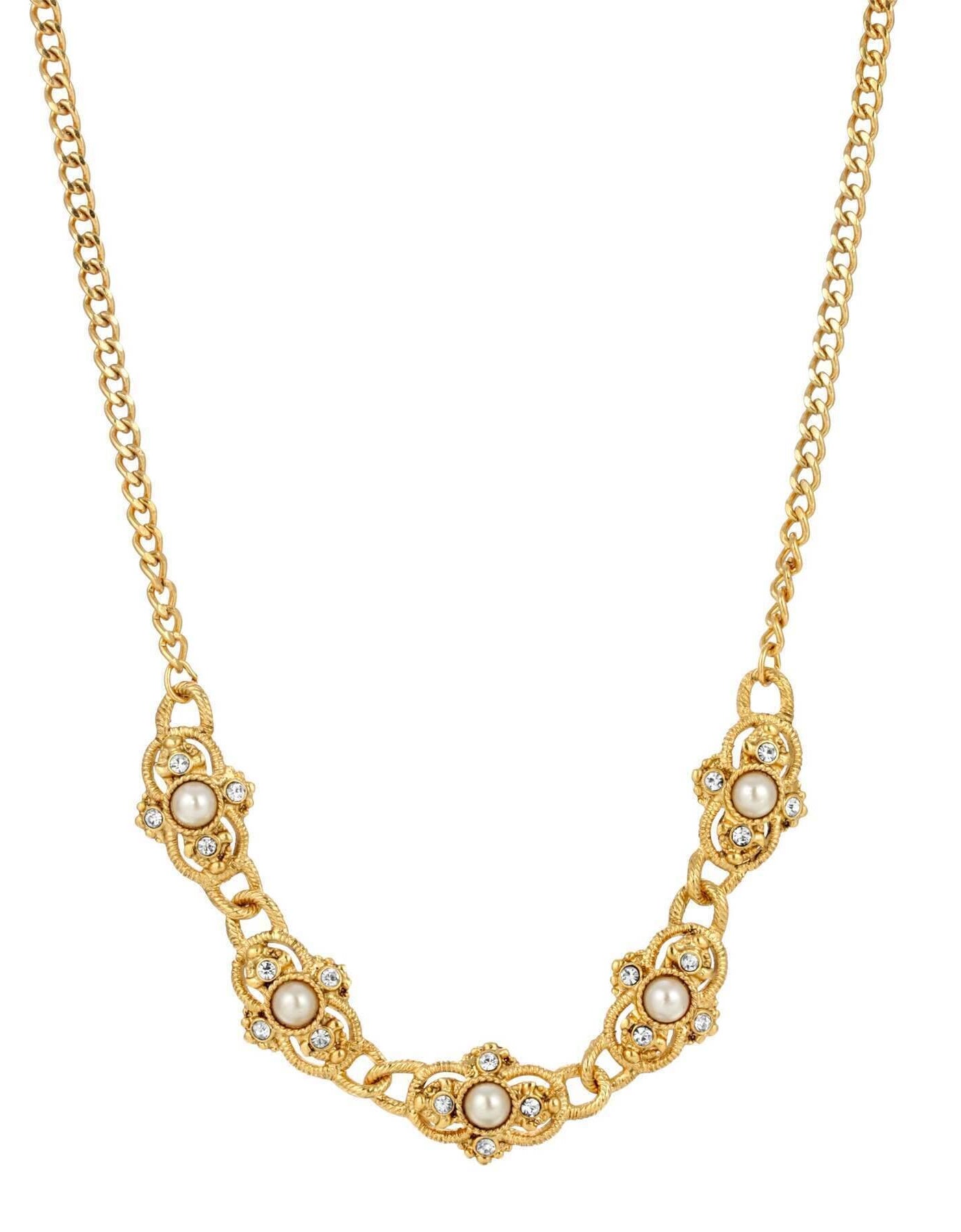 1928 Jewelry Prestige Textured Link Crystal Round Stone Collar Necklace 15"