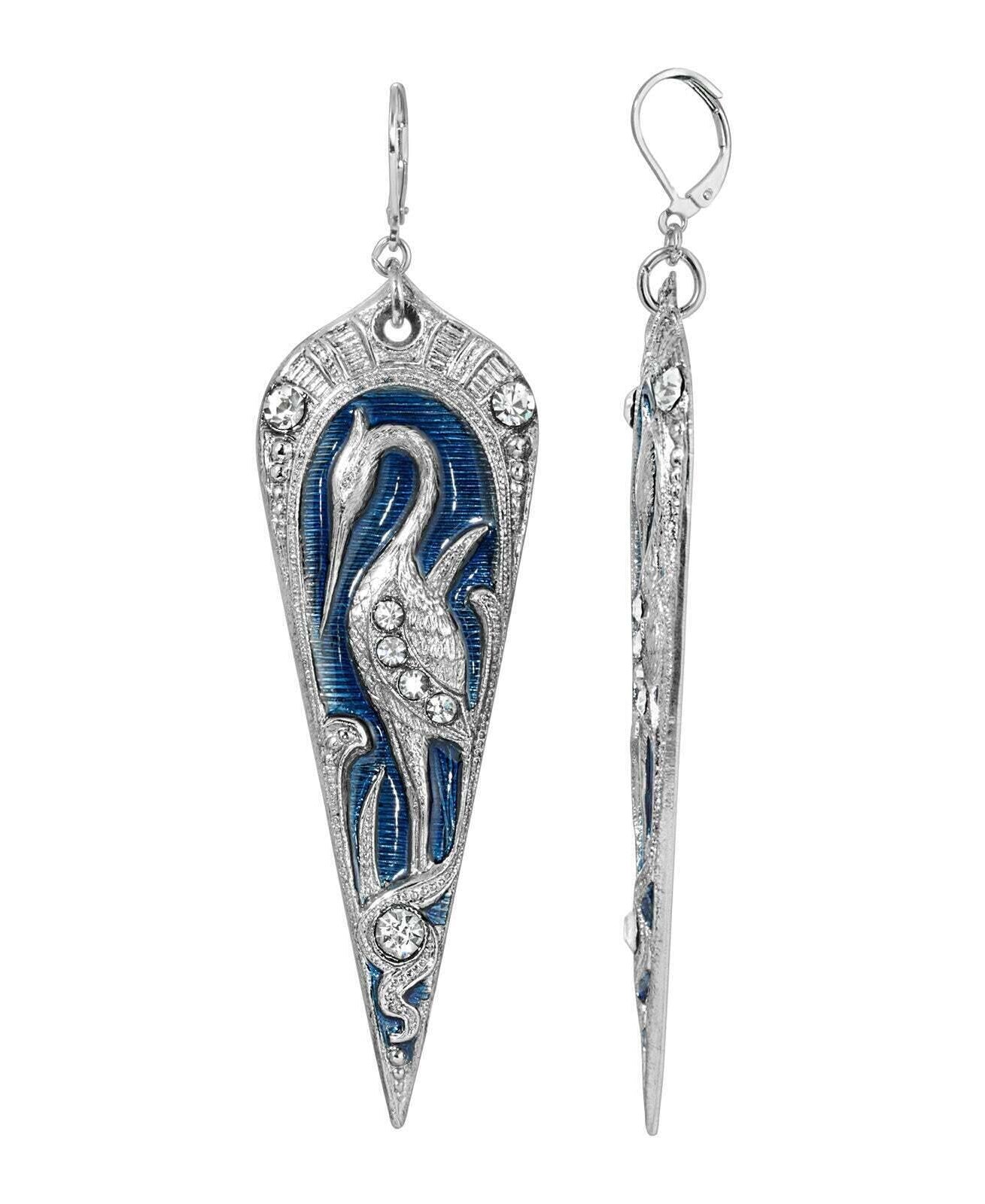 1928 Jewelry Deco Crane Blue Enamel Crystal Drop Earrings