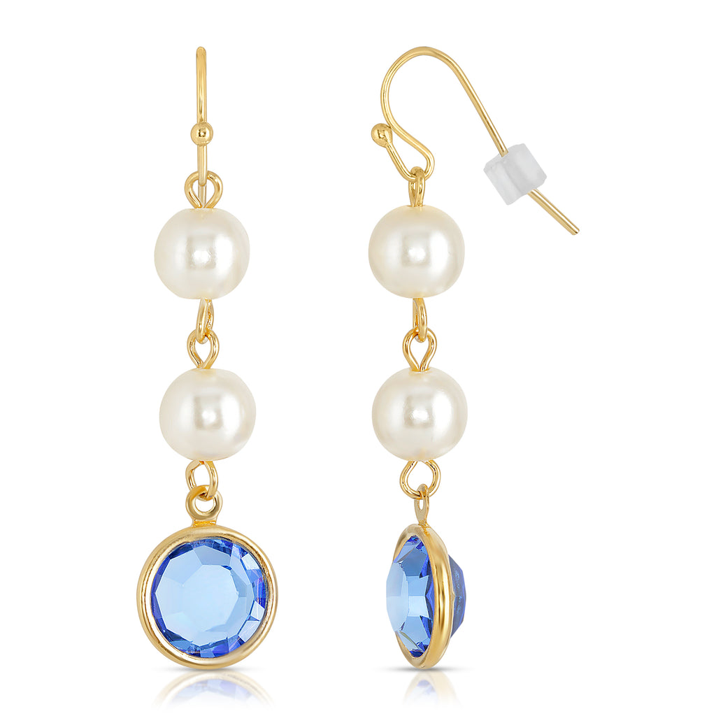 Sapphire Blue Austrian Channel Crystal Faux Pearl Linear Drop Earrings