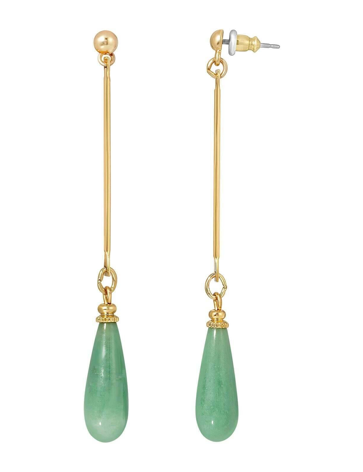 1928 Jewelry Green Aventurine Gemstone Linear Post Drop Earrings