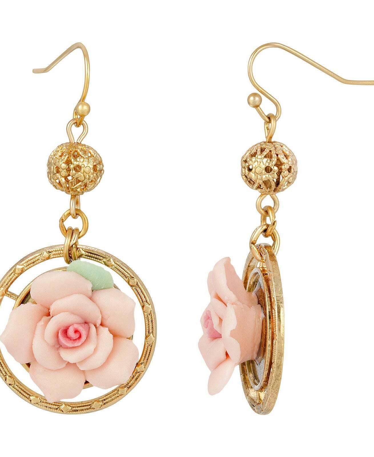 1928 Jewelry Porcelain Rose Filigree Bead Drop Earrings