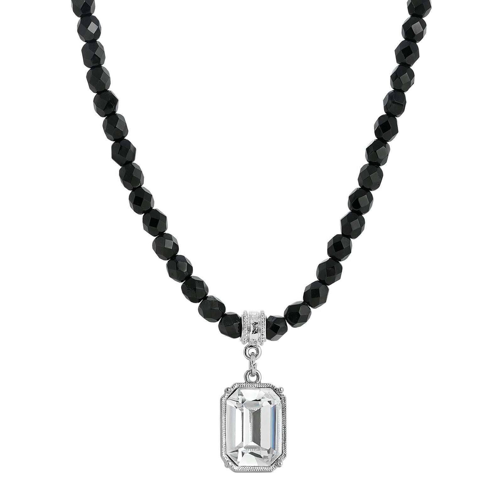 1928 Jewelry Genuine Octagon Austrian Crystal Black Glass Beaded Pendant Necklace 15" + 3" Extender