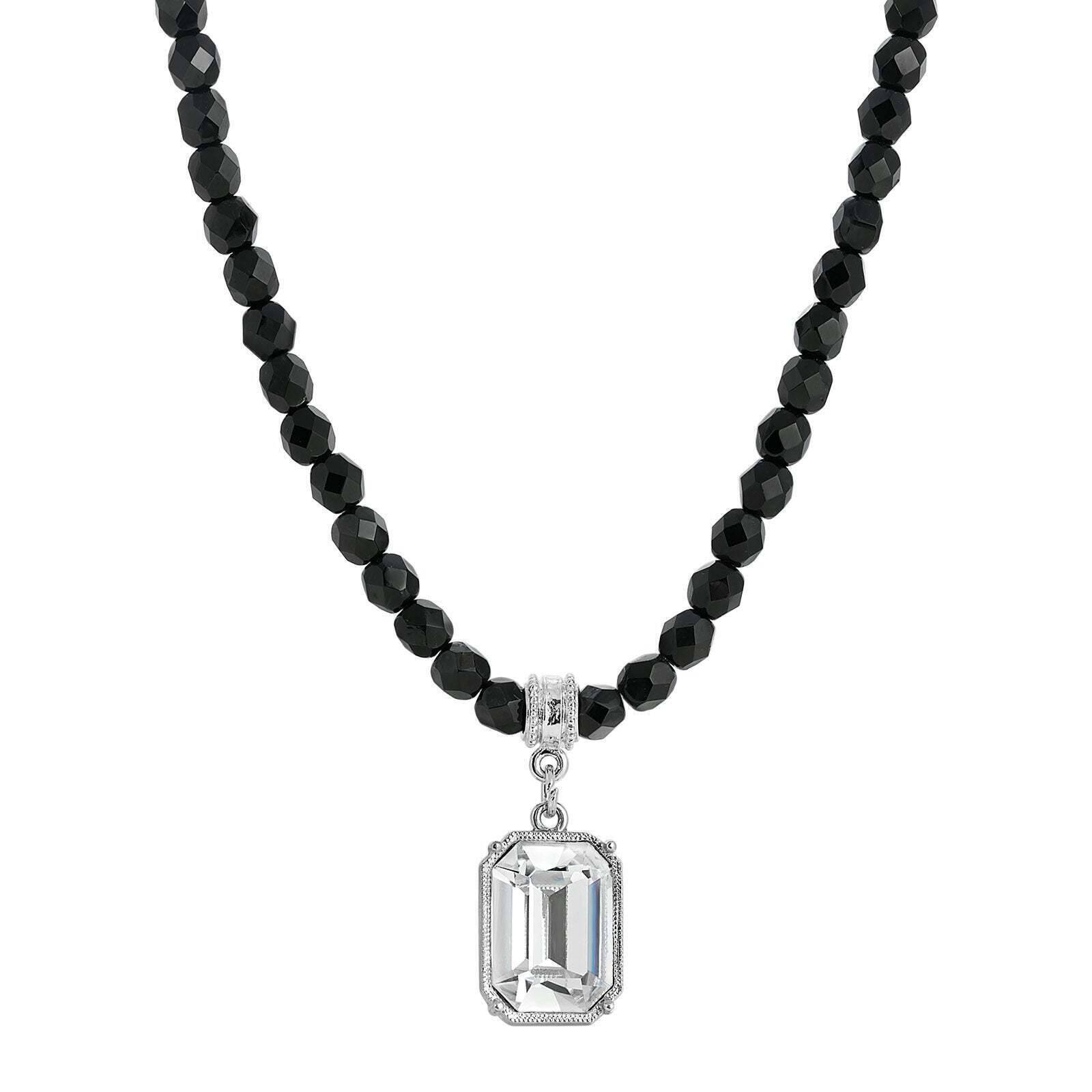 1928 Jewelry Genuine Octagon Austrian Crystal Black Glass Beaded Pendant Necklace 15" + 3" Extender