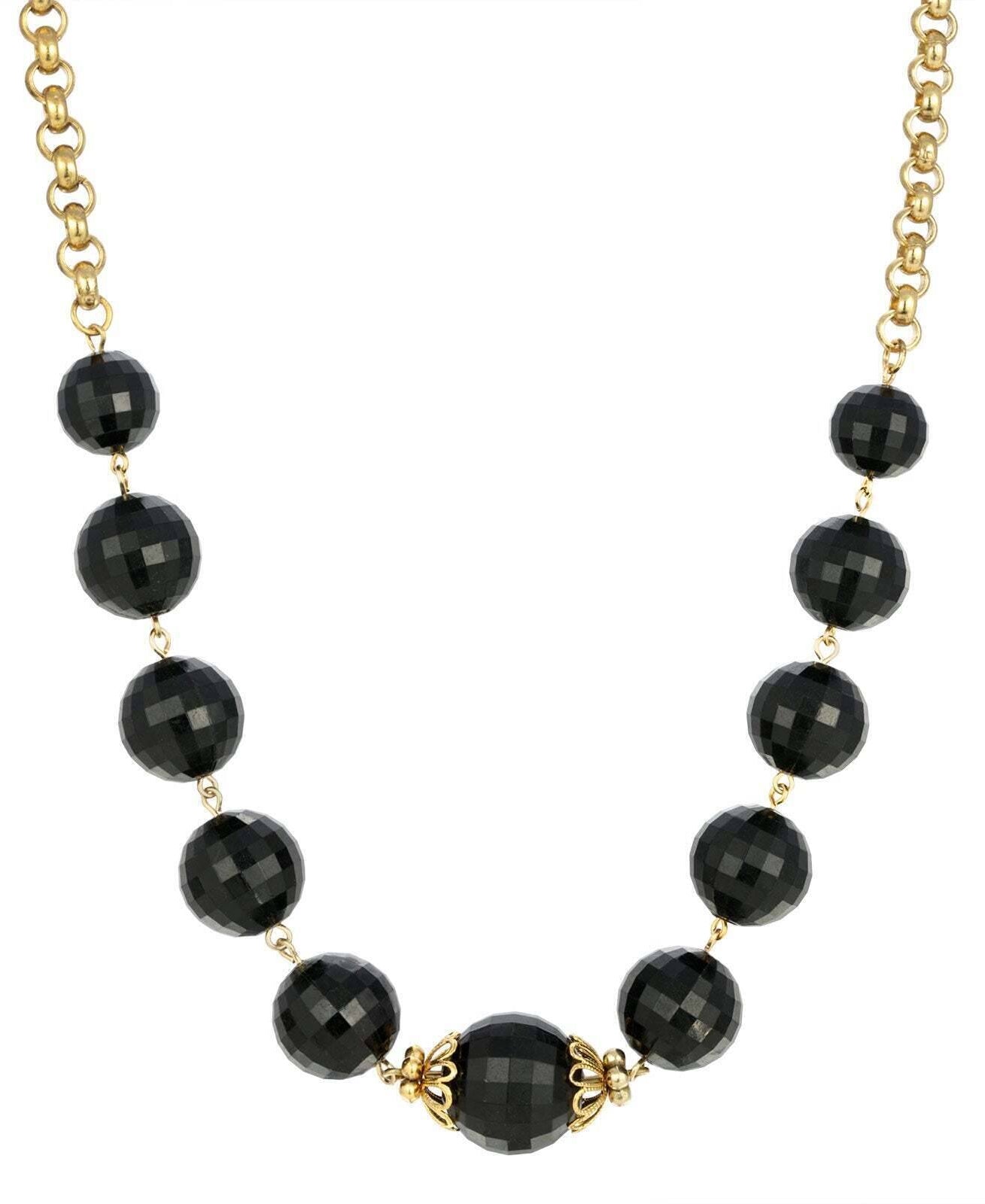 1928 Jewelry Round Square Cut Black Beaded Necklace 18"