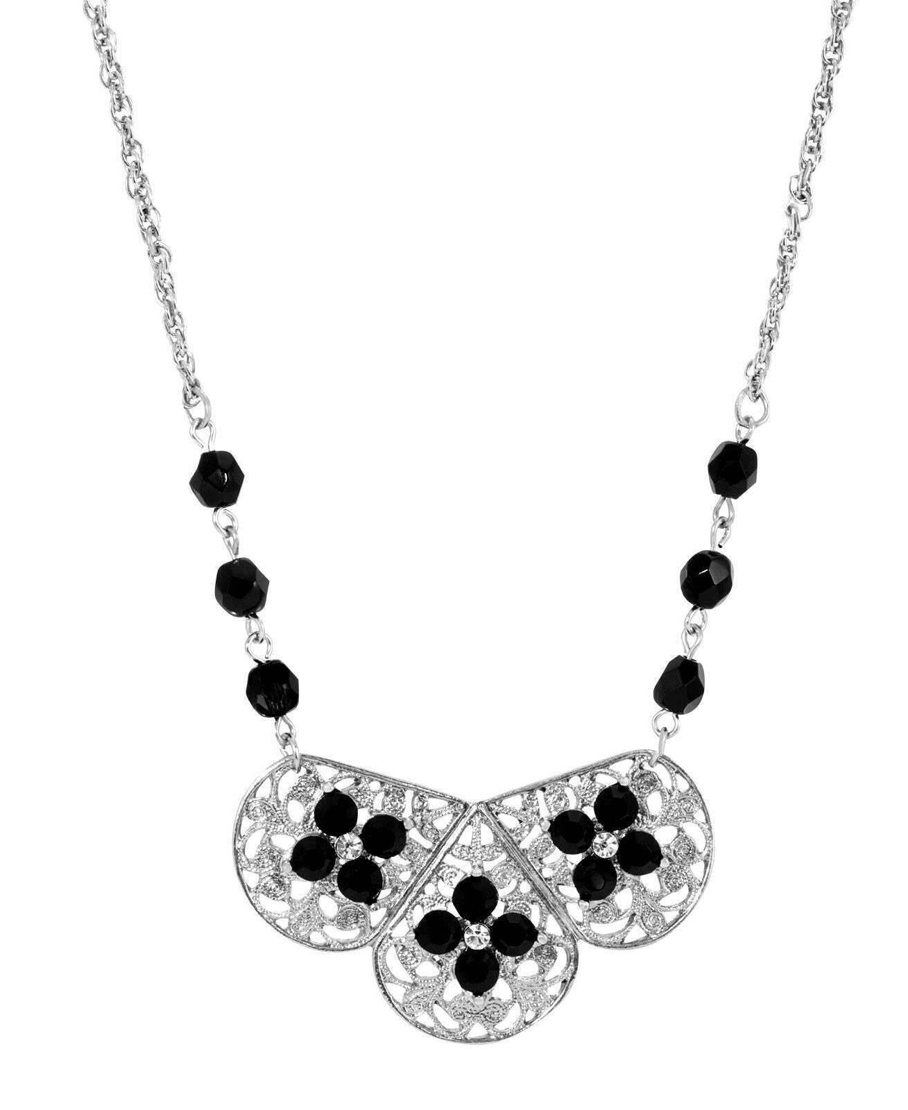 1928 Jewelry Pewter Filigree Black Stone Bead Necklace 16" + 3" Extension