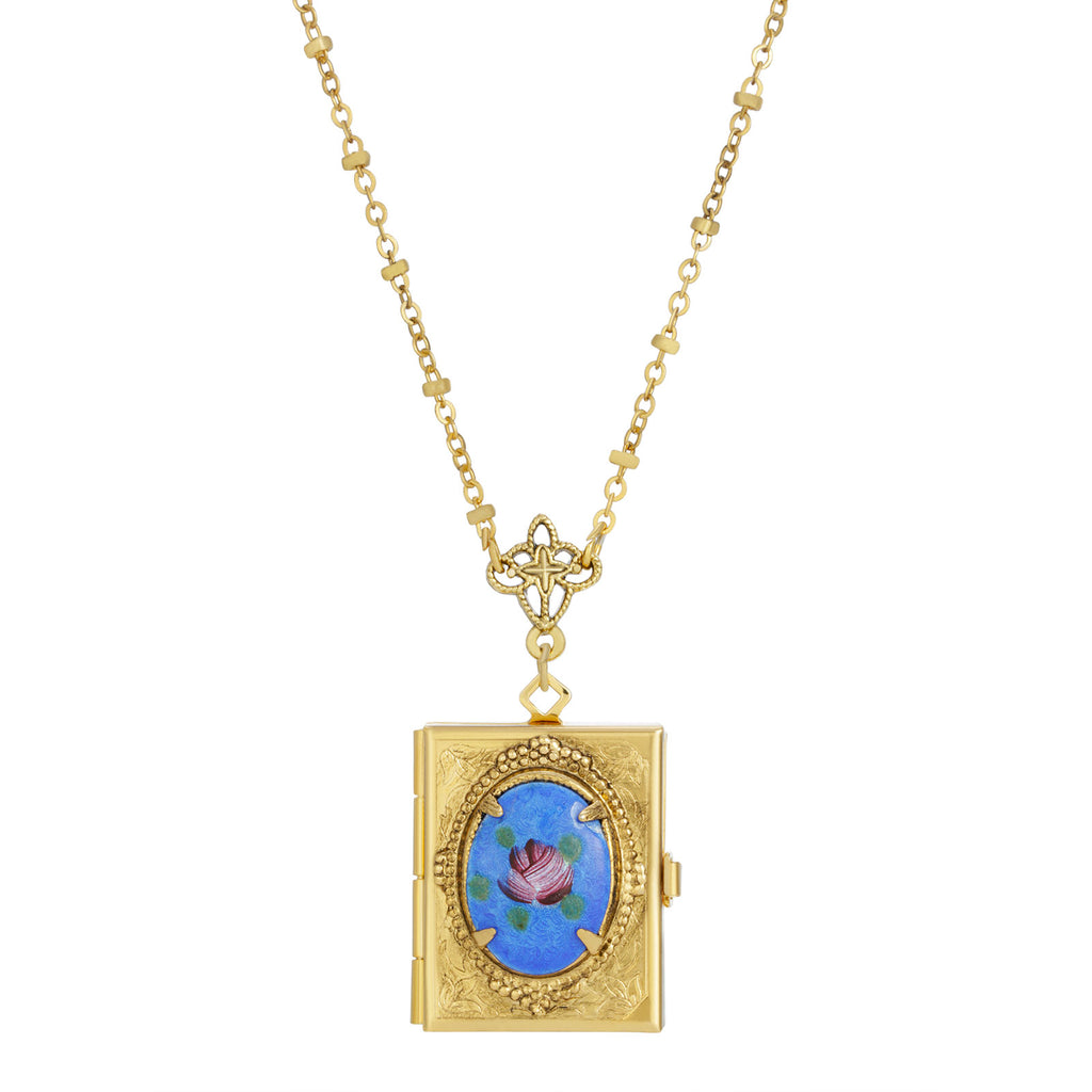 Blue  Floral Stone Rectangular 4 Way Locket Necklace 28 Inches