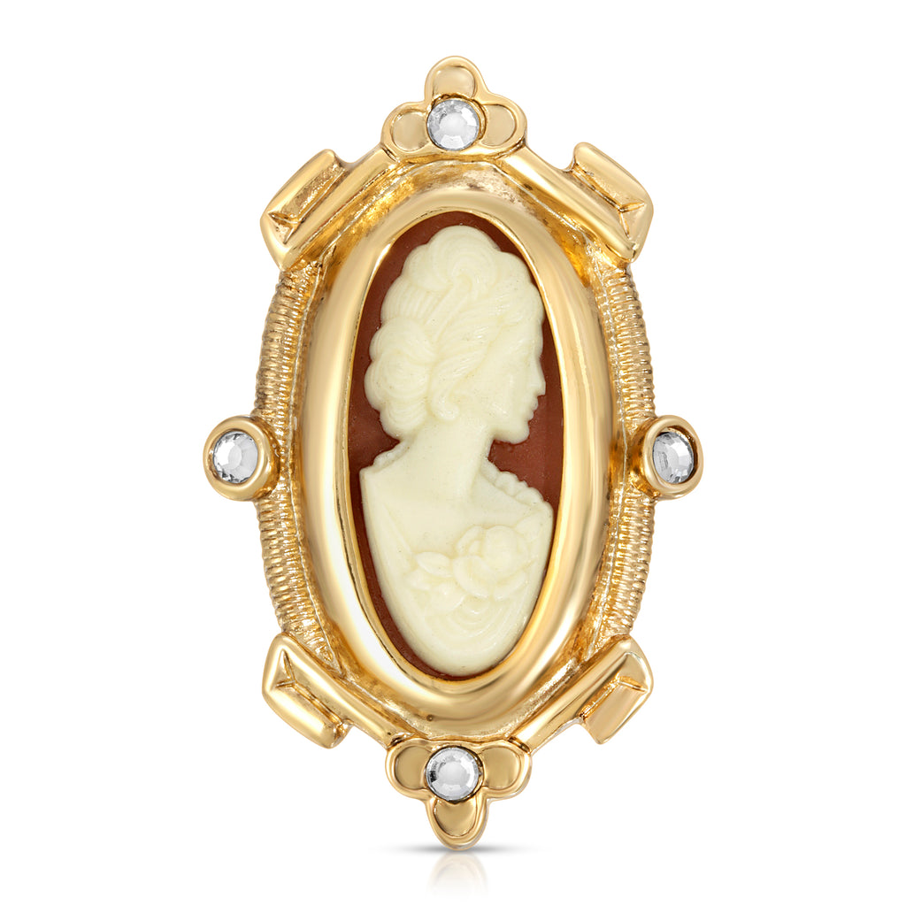 Women With Rose 14K Gold Dipped Carnelian Cameo Oval  Pin