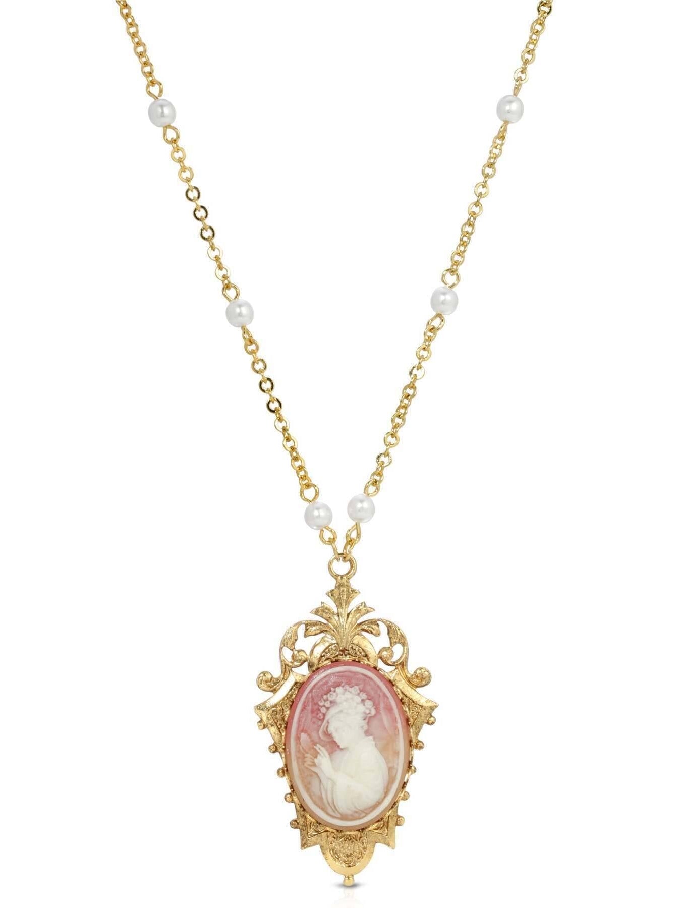 1928 Jewelry Victorian Reflections Carnelian & Ivory Cameo Faux Pearl Accent Necklace 24"