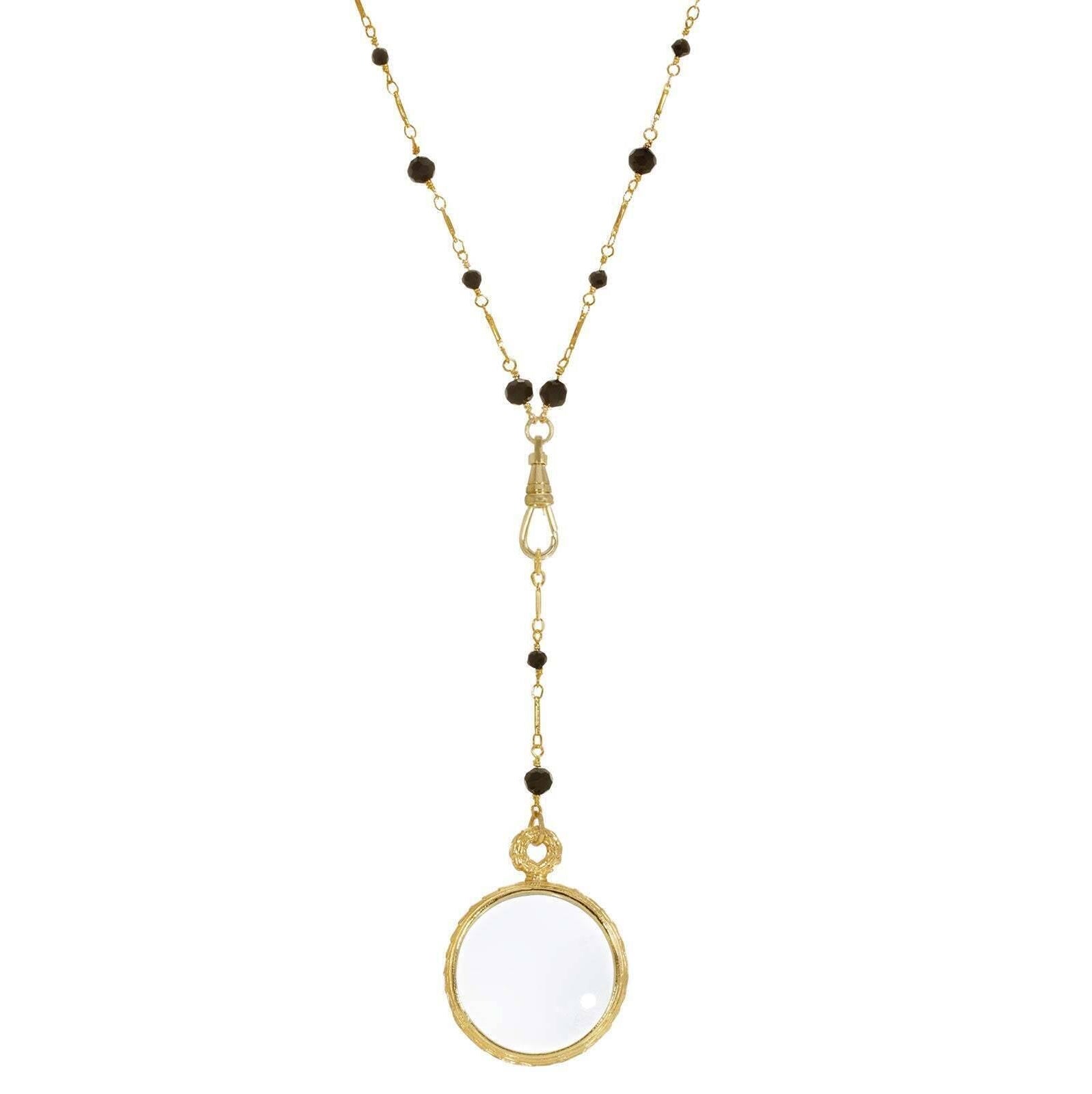 1928 Jewelry Black Bead Magnifying Glass Drop Necklace 24" - Magnification Power: 1-2X