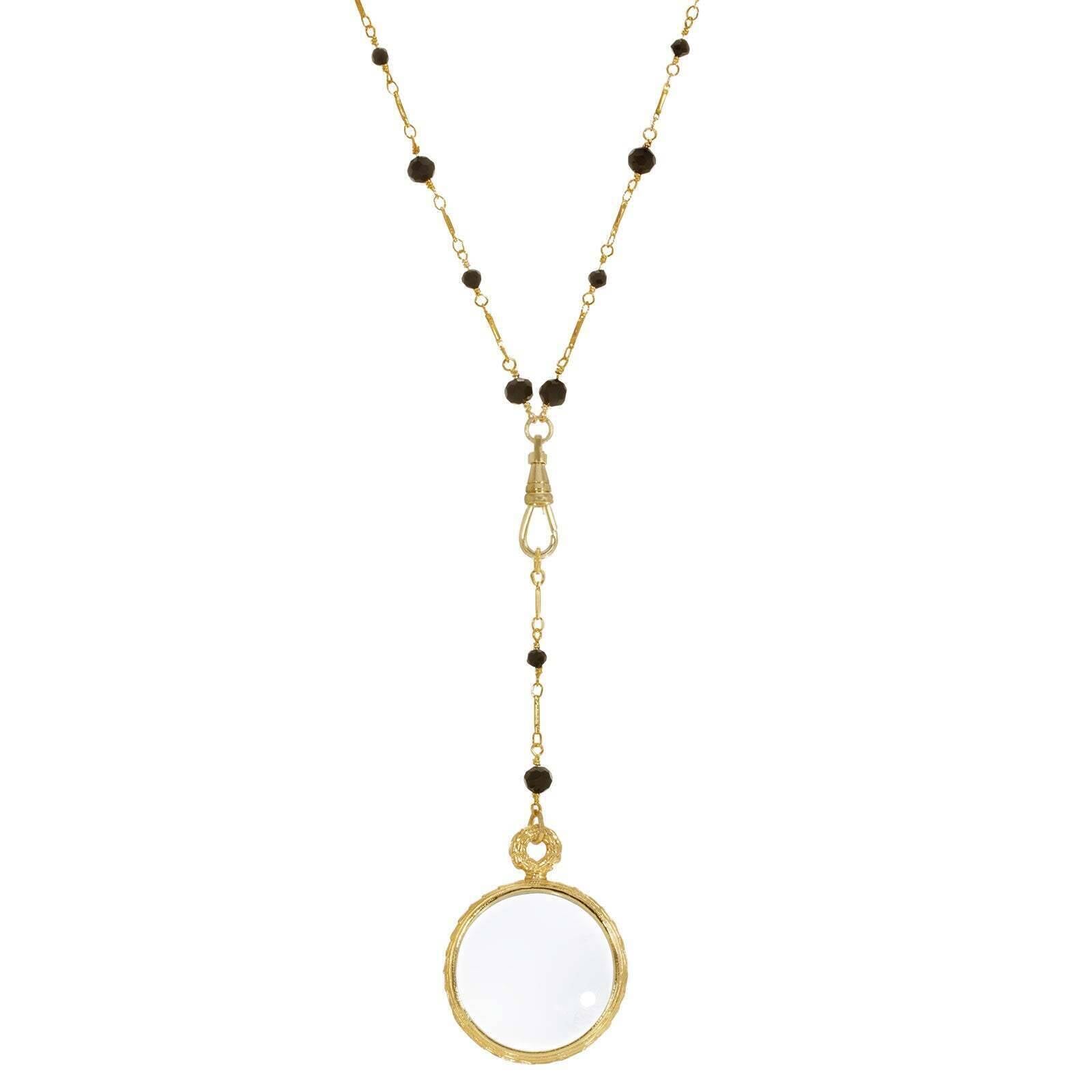 1928 Jewelry Black Bead Magnifying Glass Drop Necklace 24" - Magnification Power: 1-2X