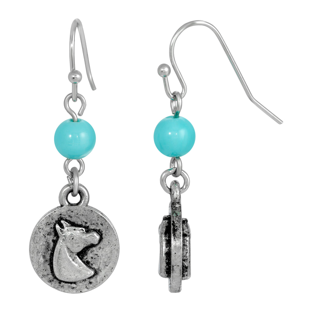 Silver Tone Turquoise Bead Horse Wire Earrings