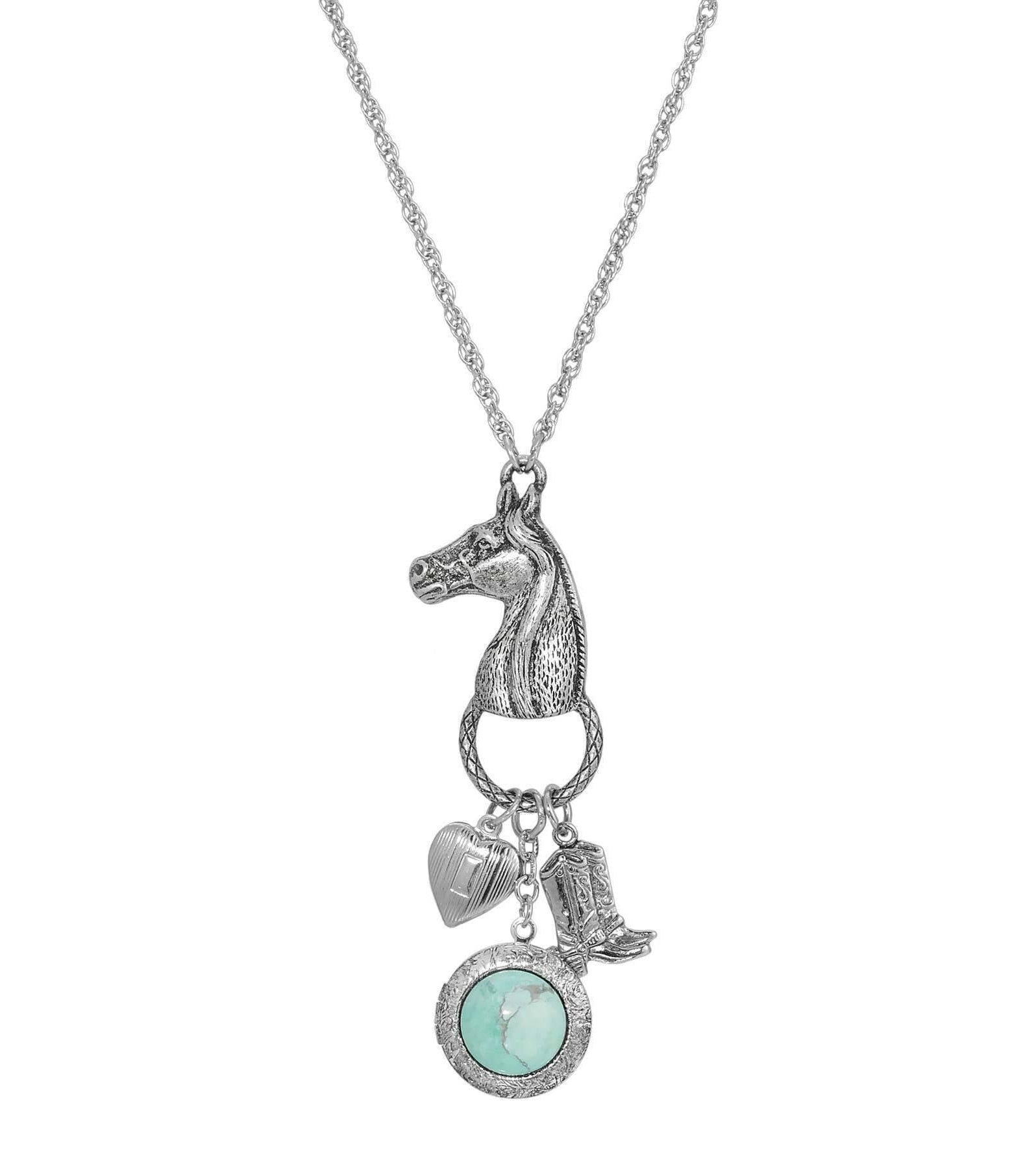 1928 Jewelry Southwest Horse Head Turquoise Locket & Charms Necklace 28"