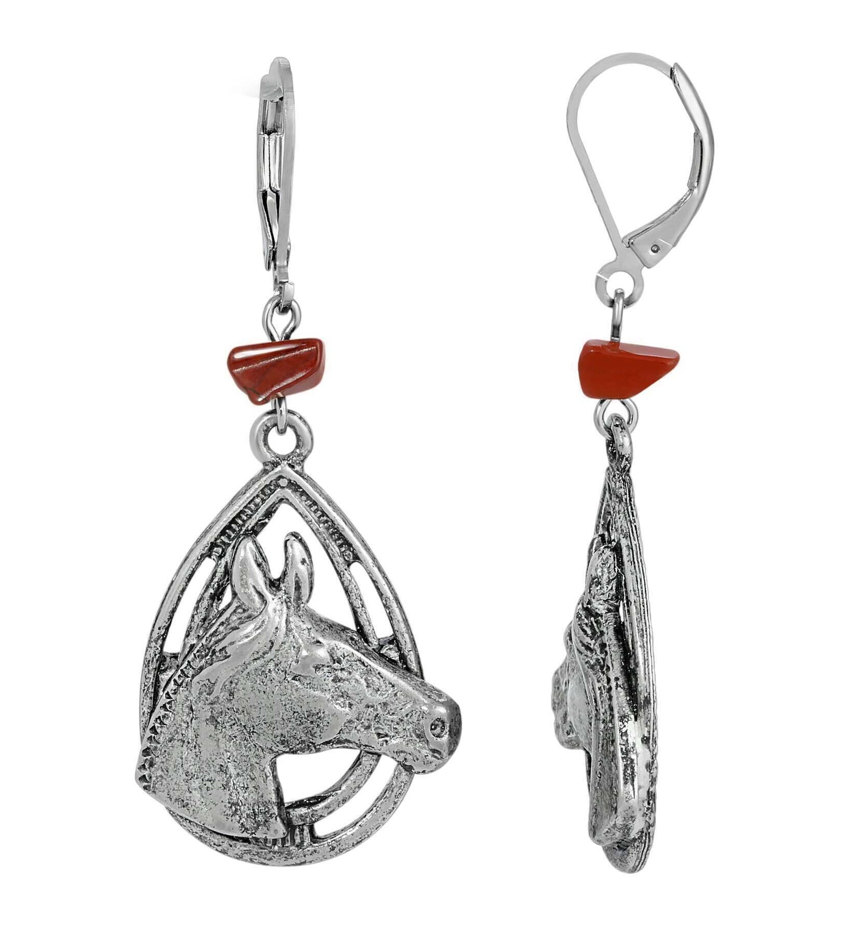 1928 Jewelry Red Jasper Chip Horse Head Drop Earrings