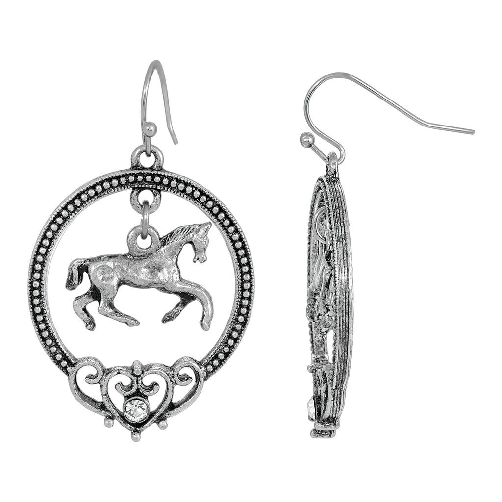 Antiqued Pewter Galloping Horse Drop Earrings