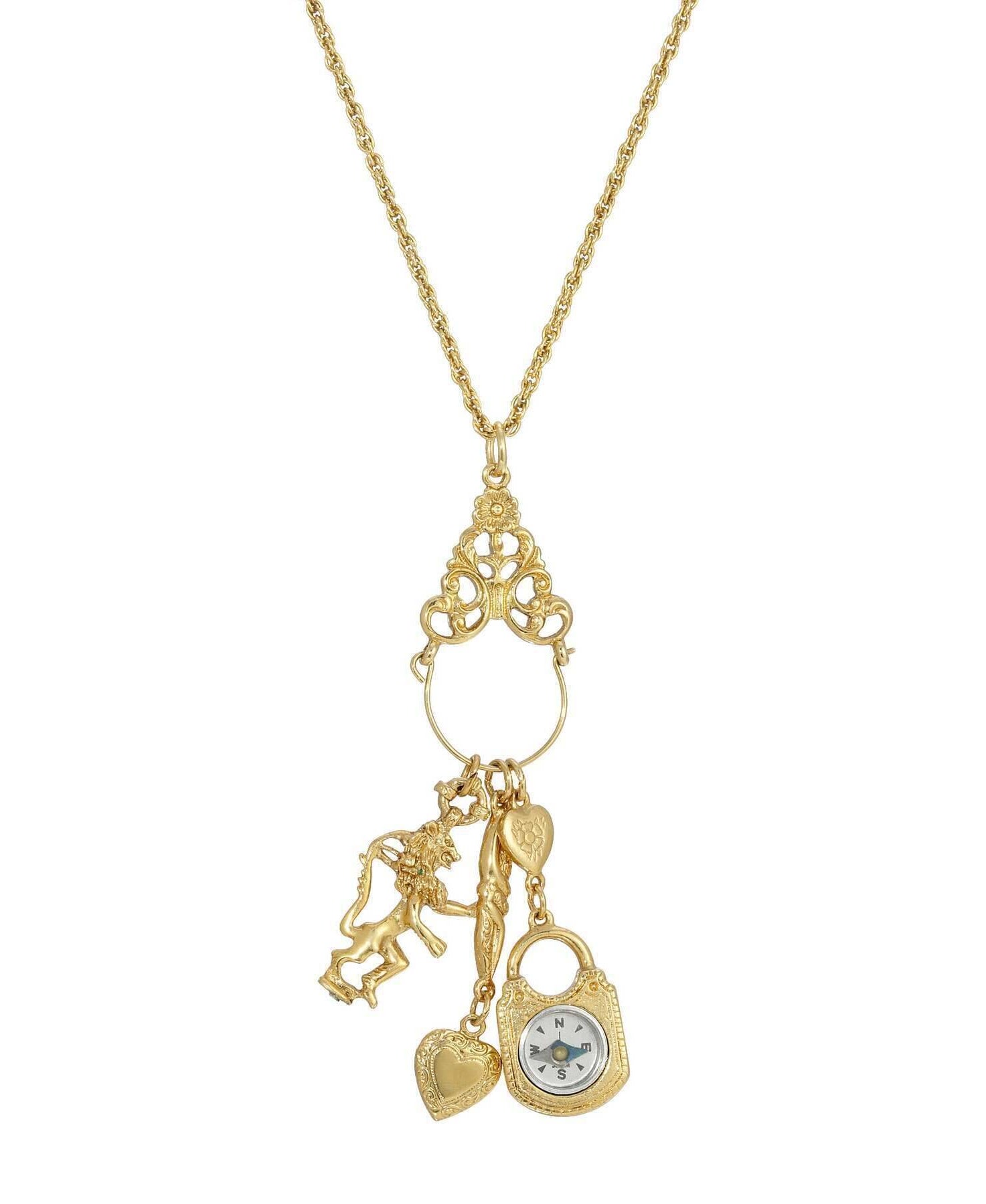 1928 Jewelry Charm Pendant Necklace Compass Heart Lion 30"