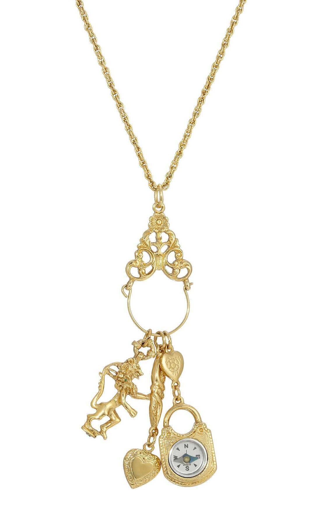 1928 Jewelry Charm Pendant Necklace Compass Heart Lion 30"