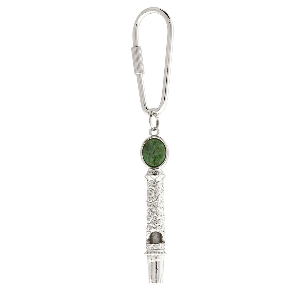 Silver Tone Oval Green Jade Filigree Whistle Key Fob