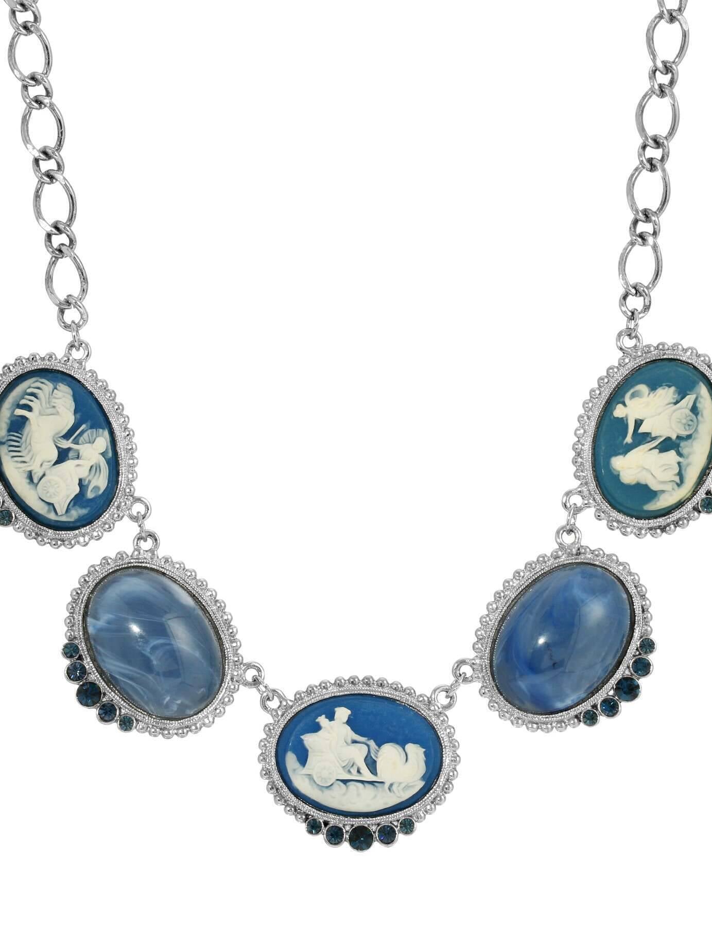 1928 Jewelry Roman Chariot Races Cameo Blue Stone Chain Necklace 16" + 3" Extender