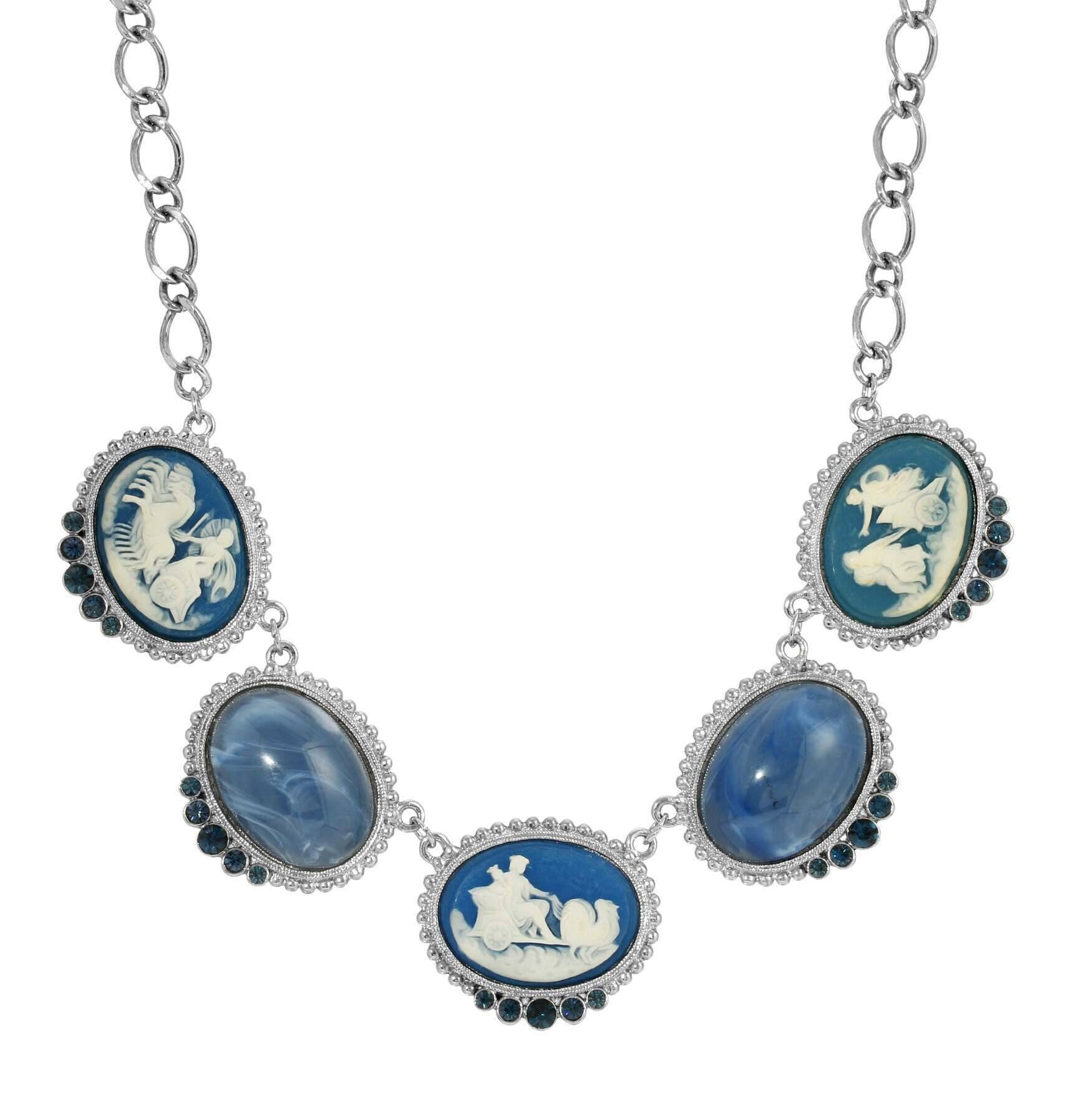 1928 Jewelry Roman Chariot Races Cameo Blue Stone Chain Necklace 16" + 3" Extender