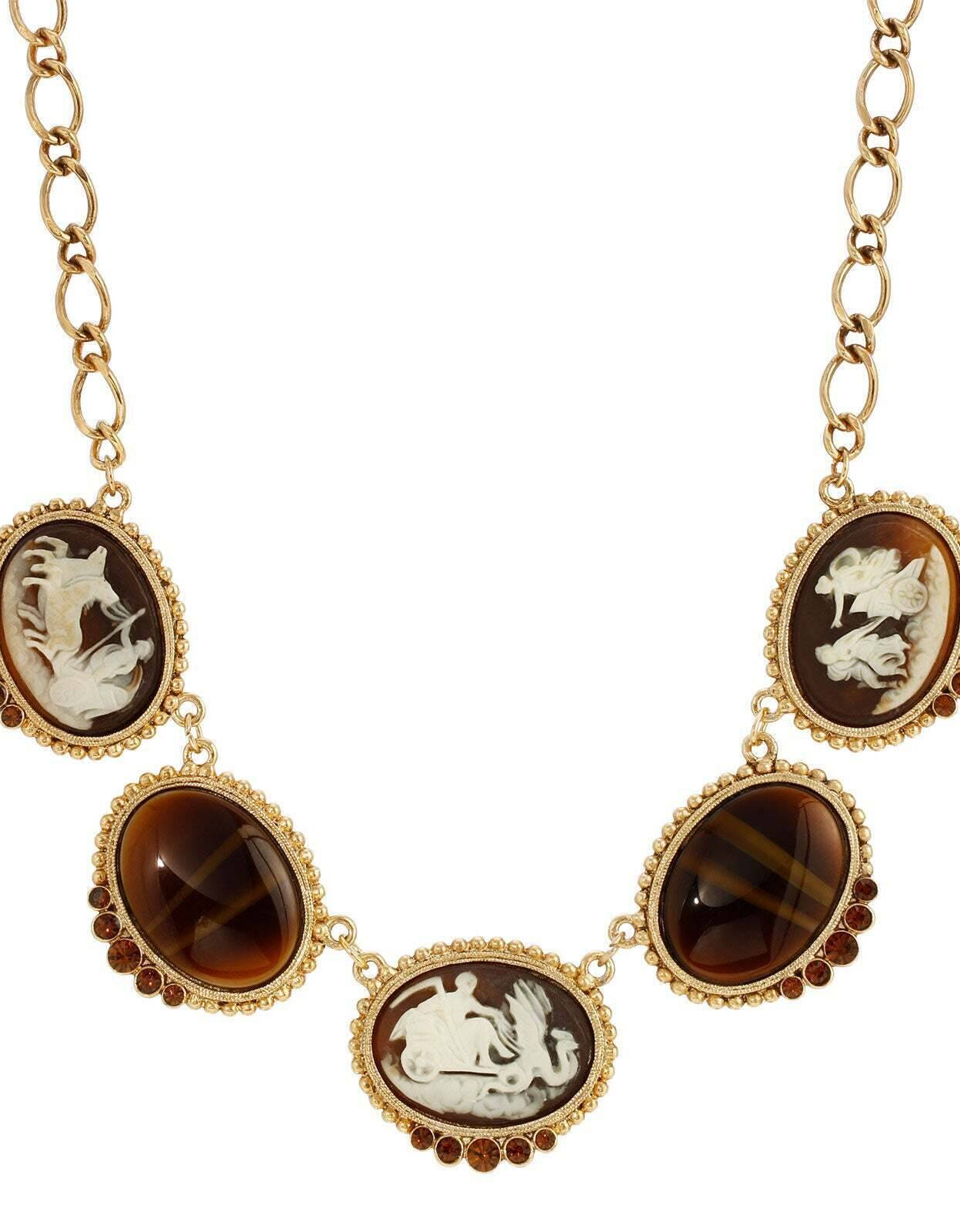 1928 Jewelry Roman Chariots Gala Cameo & Tigers Eye Stones Necklace 16" + 3" Extender