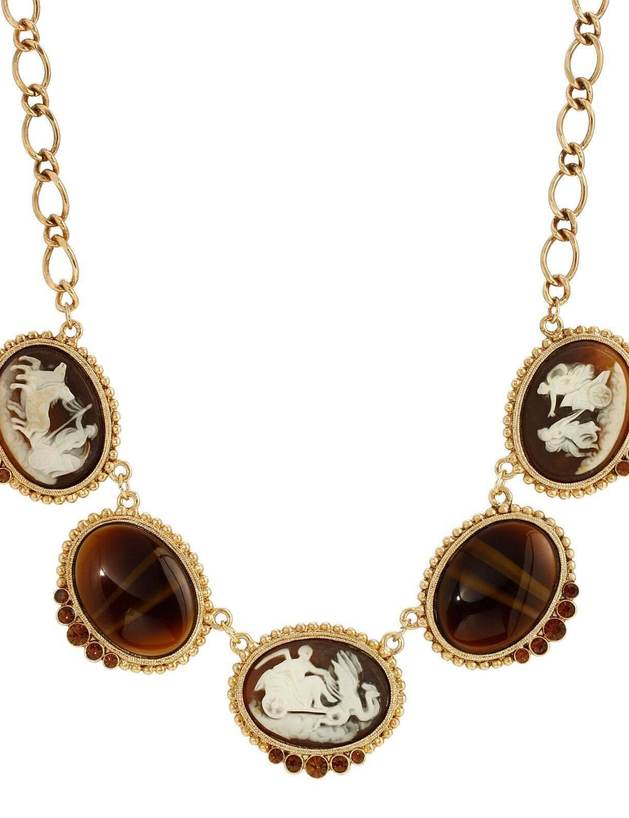 1928 Jewelry Roman Chariots Gala Cameo & Tigers Eye Stones Necklace 16" + 3" Extender