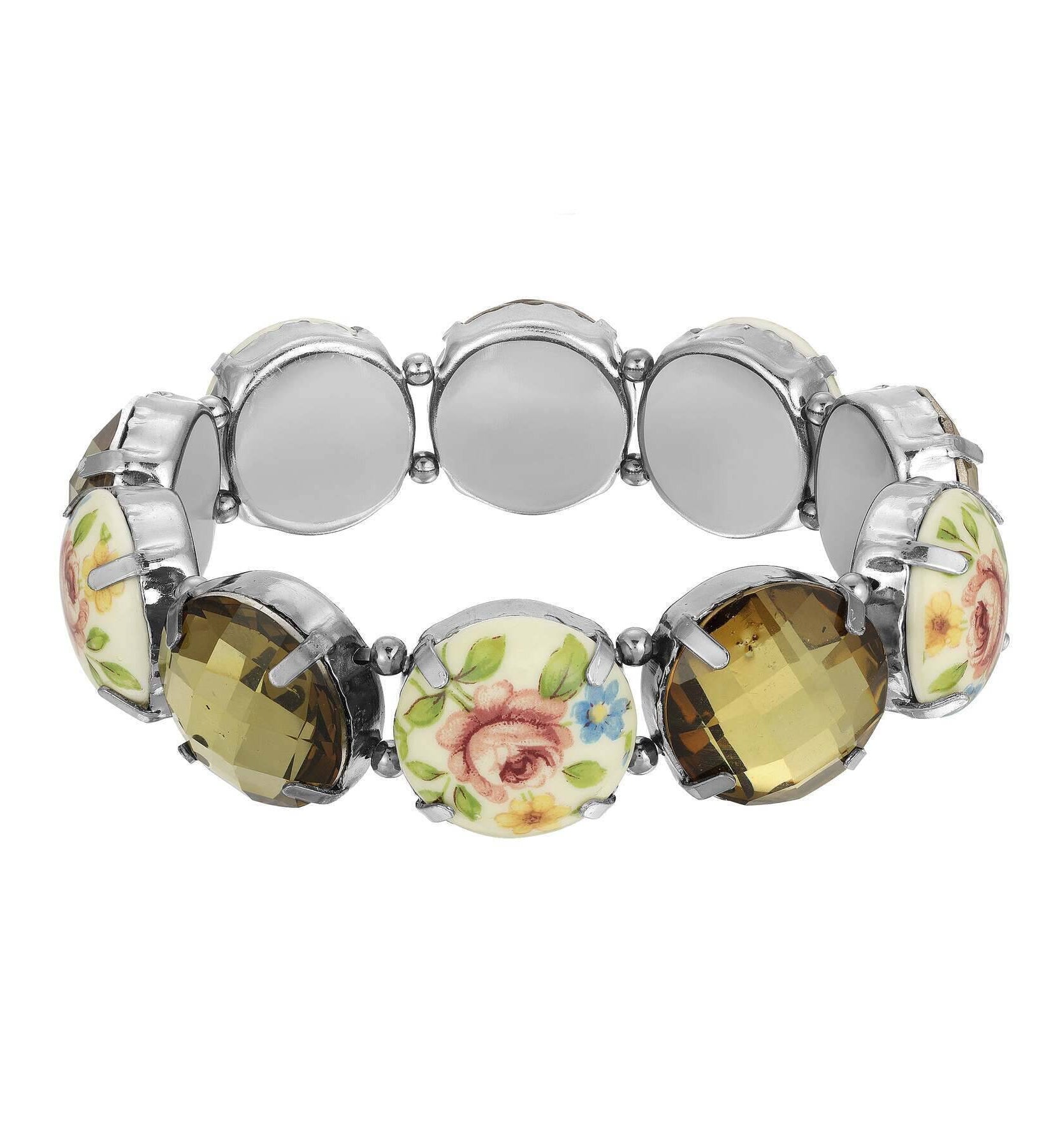 1928 Jewelry Olivine & Multicolored Floral Stone Stretch Bracelet