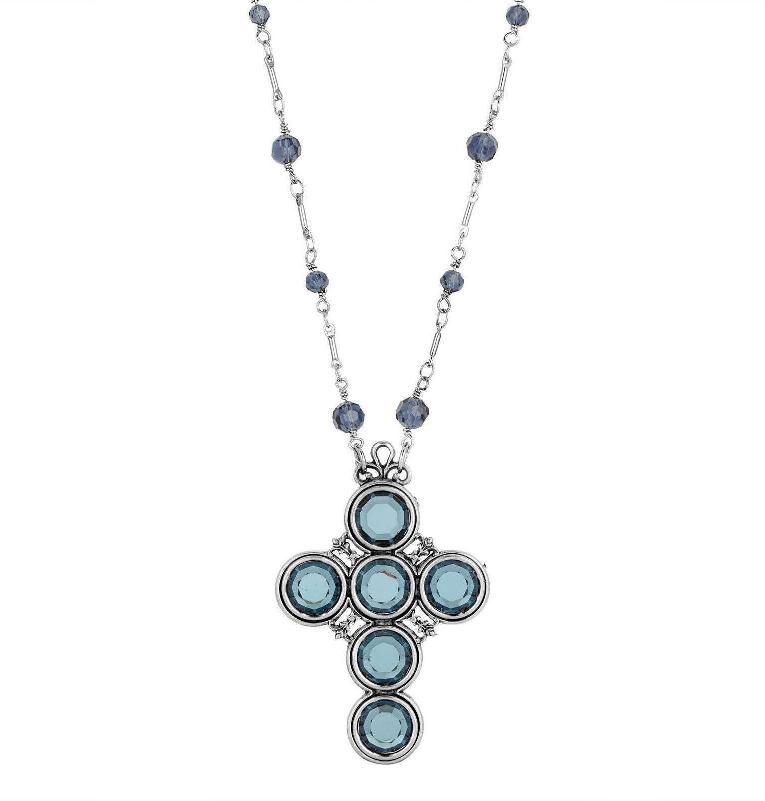 Symbols Of Faith Montana Blue Crystal Channel Cross Pendant Necklace 28"