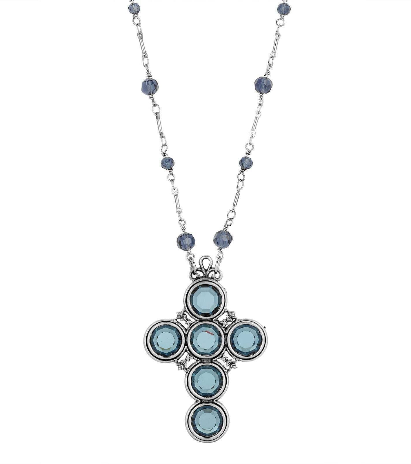 Symbols Of Faith Montana Blue Crystal Channel Cross Pendant Necklace 28"