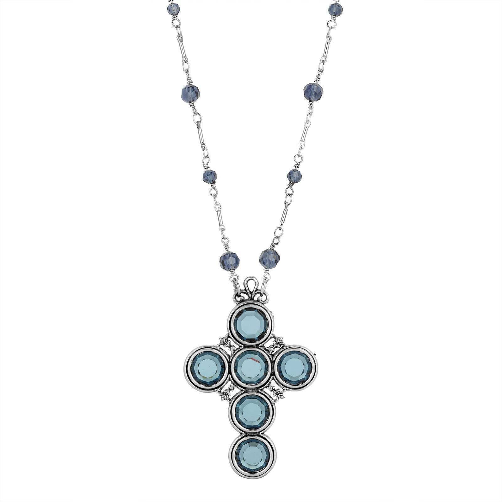 Symbols Of Faith Montana Blue Crystal Channel Cross Pendant Necklace 28"