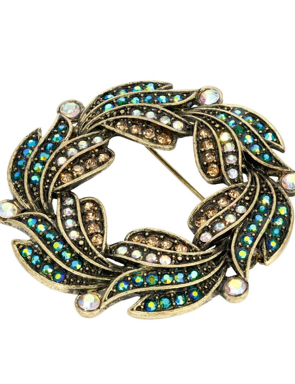 1928 Jewelry Peacock Plumage Blue Iridescent AB Glass Stone Wreath Brooch