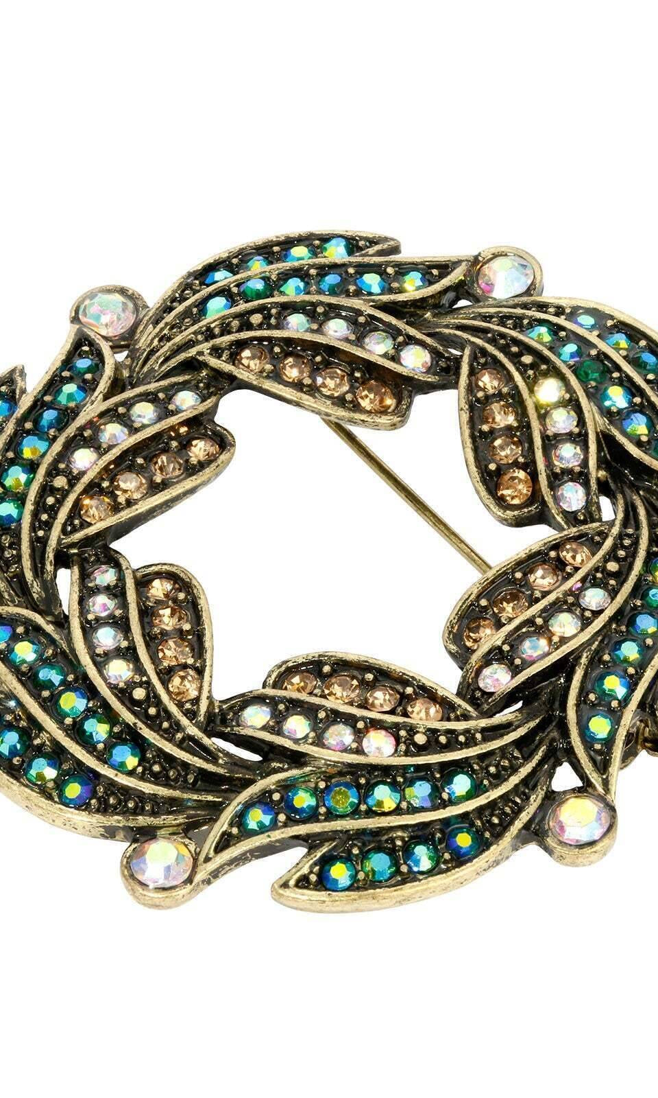 1928 Jewelry Peacock Plumage Blue Iridescent AB Glass Stone Wreath Brooch