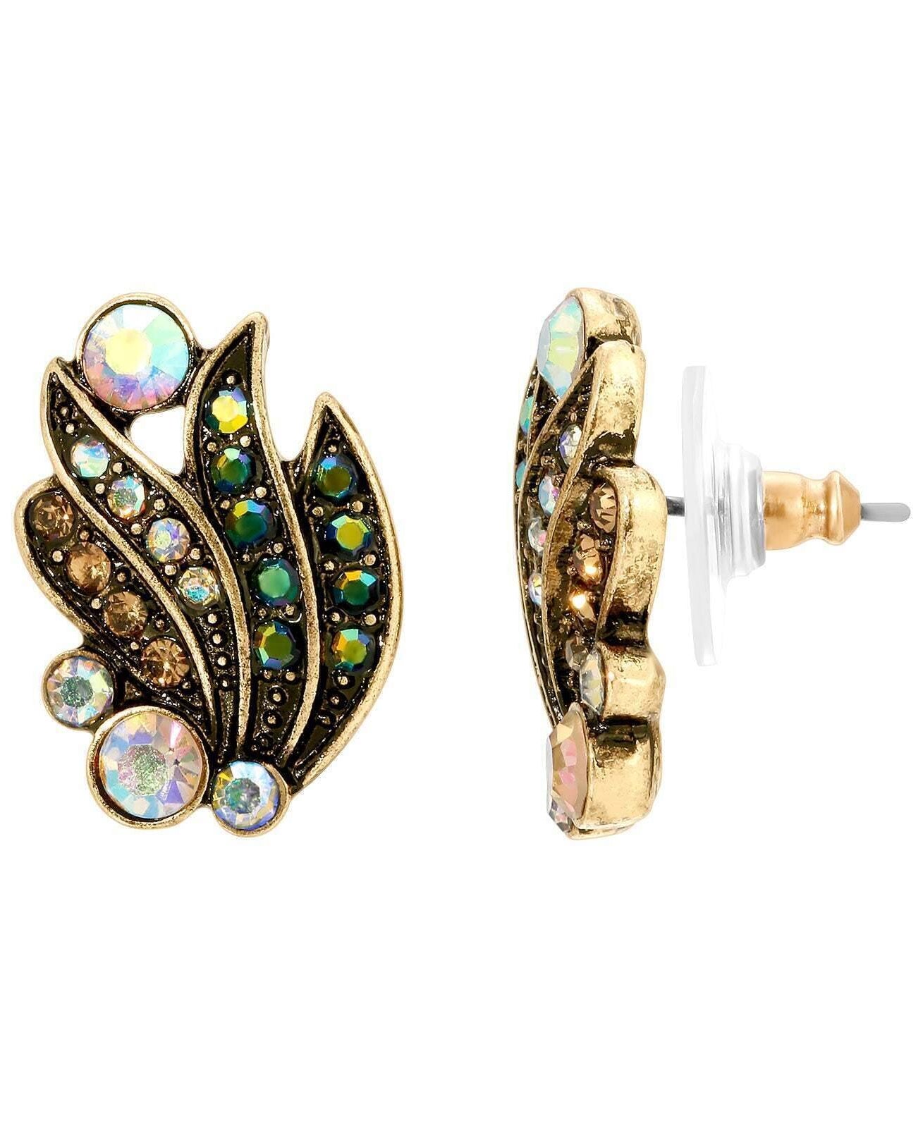 1928 Jewelry Peacock Plumage Art Nouveau Style Multi AB Glass Stone Post Earrings