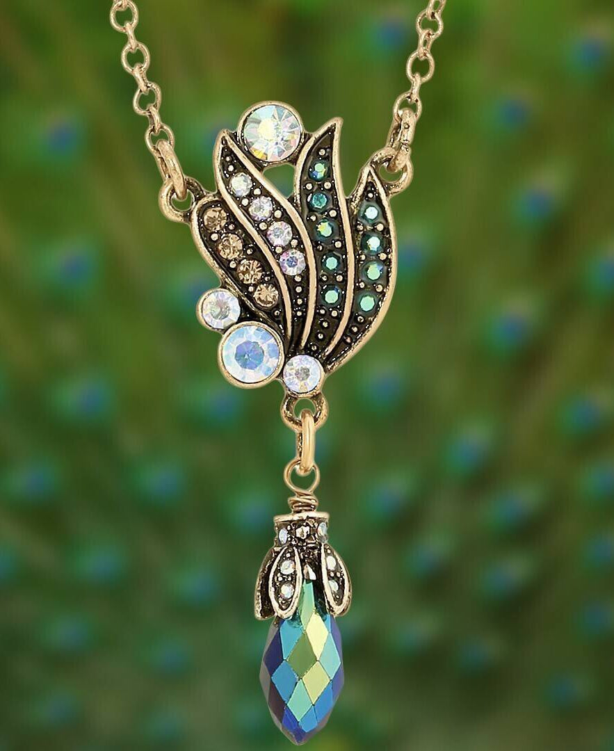 1928 Jewelry Peacock Plumage Art Nouveau Style Blue Iridescent AB Drop Pendant Necklace 16" + 3" Extender