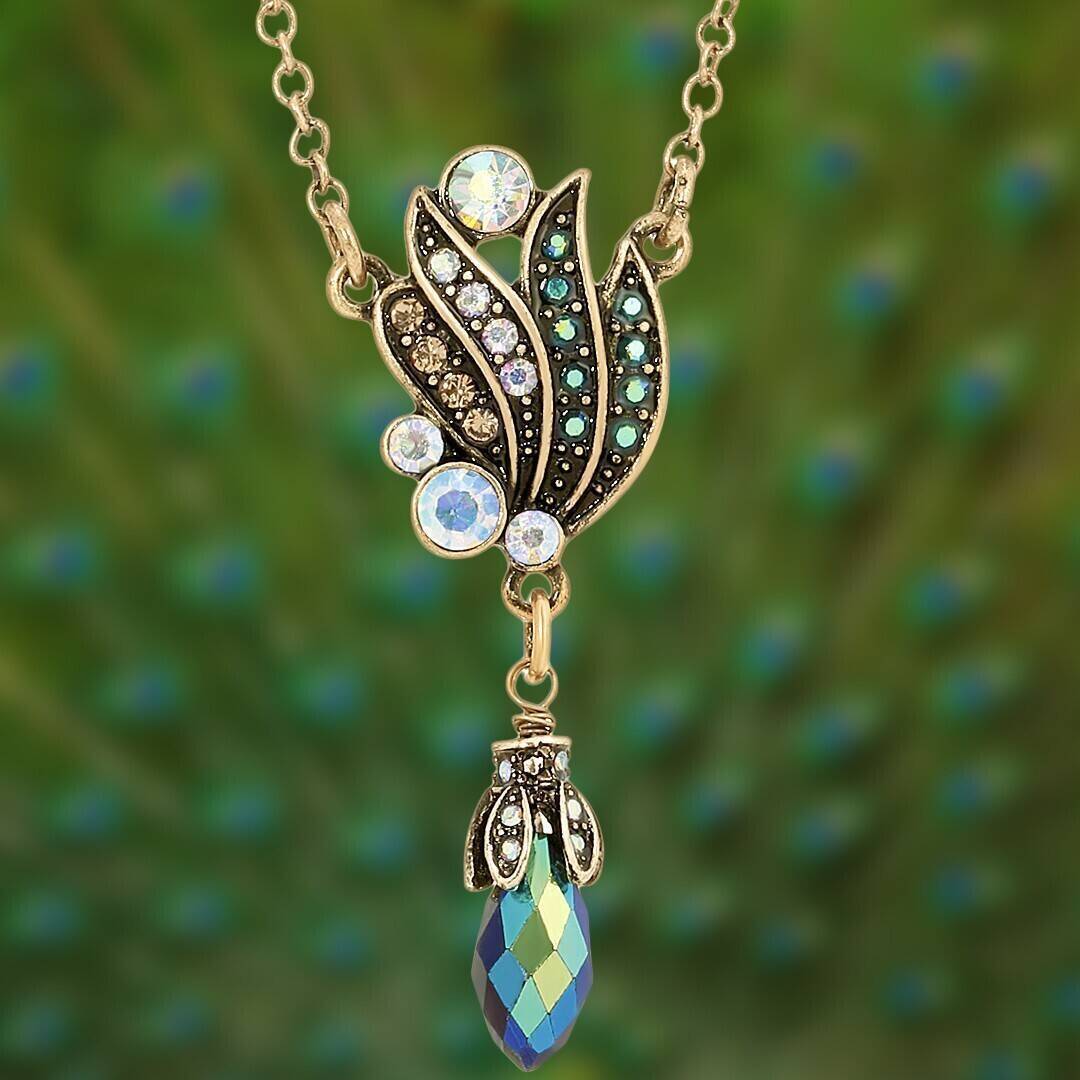1928 Jewelry Peacock Plumage Art Nouveau Style Blue Iridescent AB Drop Pendant Necklace 16" + 3" Extender
