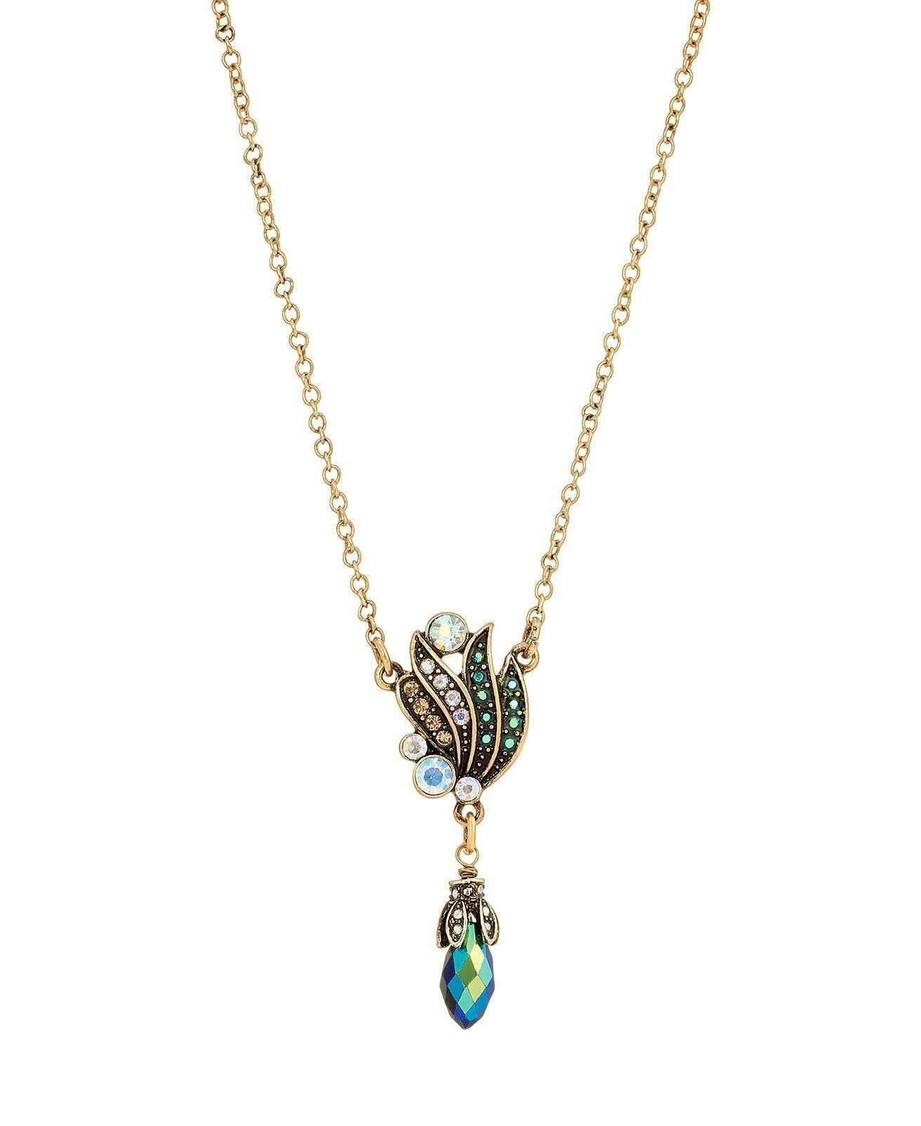 1928 Jewelry Peacock Plumage Art Nouveau Style Blue Iridescent AB Drop Pendant Necklace 16" + 3" Extender